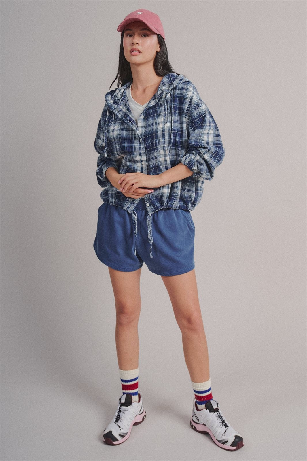 Plaid Flannel Hooded Shirt Jacket with Drawstring Hem in NAVY - Women's Shirts & Blouses | Urban Daizy