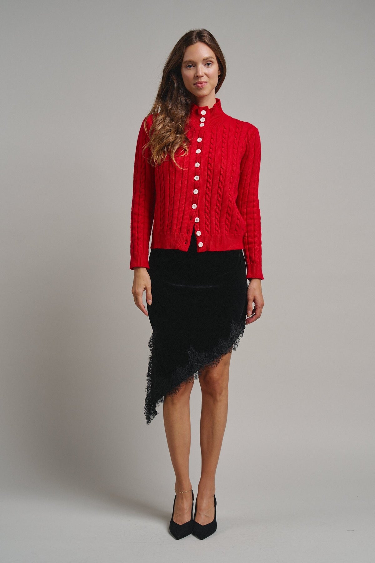 Cable Knit Mock Neck Button-Front Cardigan in RED - Women's Sweaters | Urban Daizy