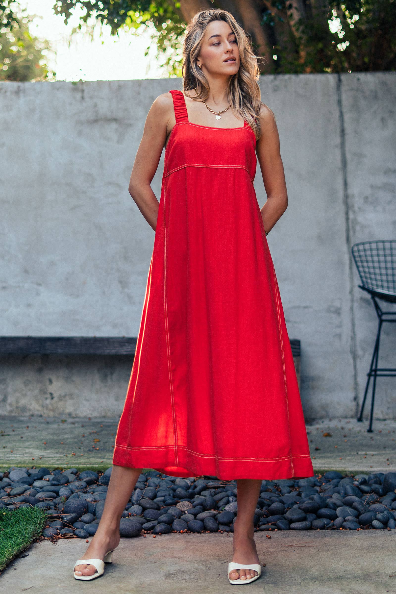 Contrast Stitch Square Neck Tencel Linen Midi Dress