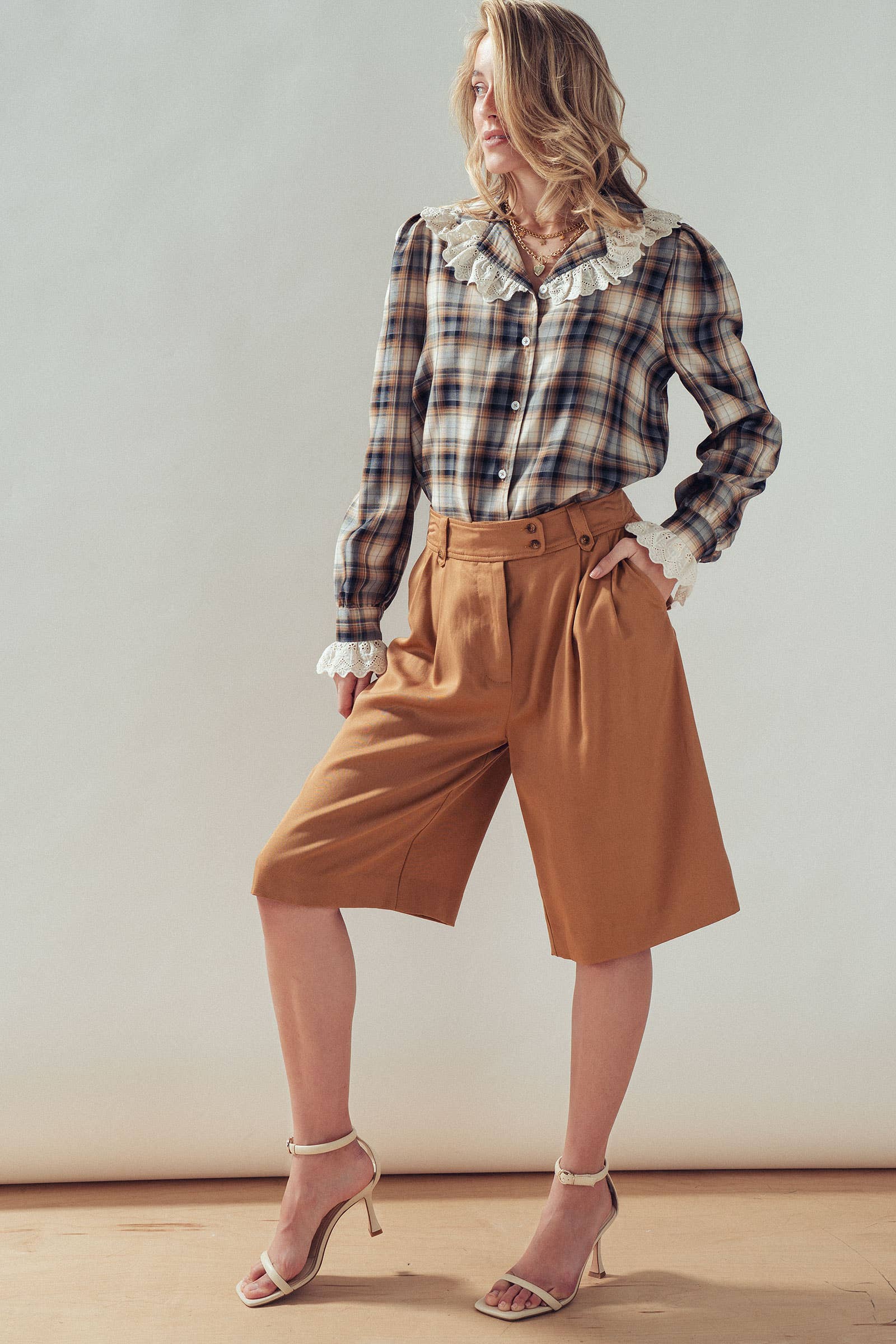 Tencel Plaid Blouse With Eyelet Lace Collar