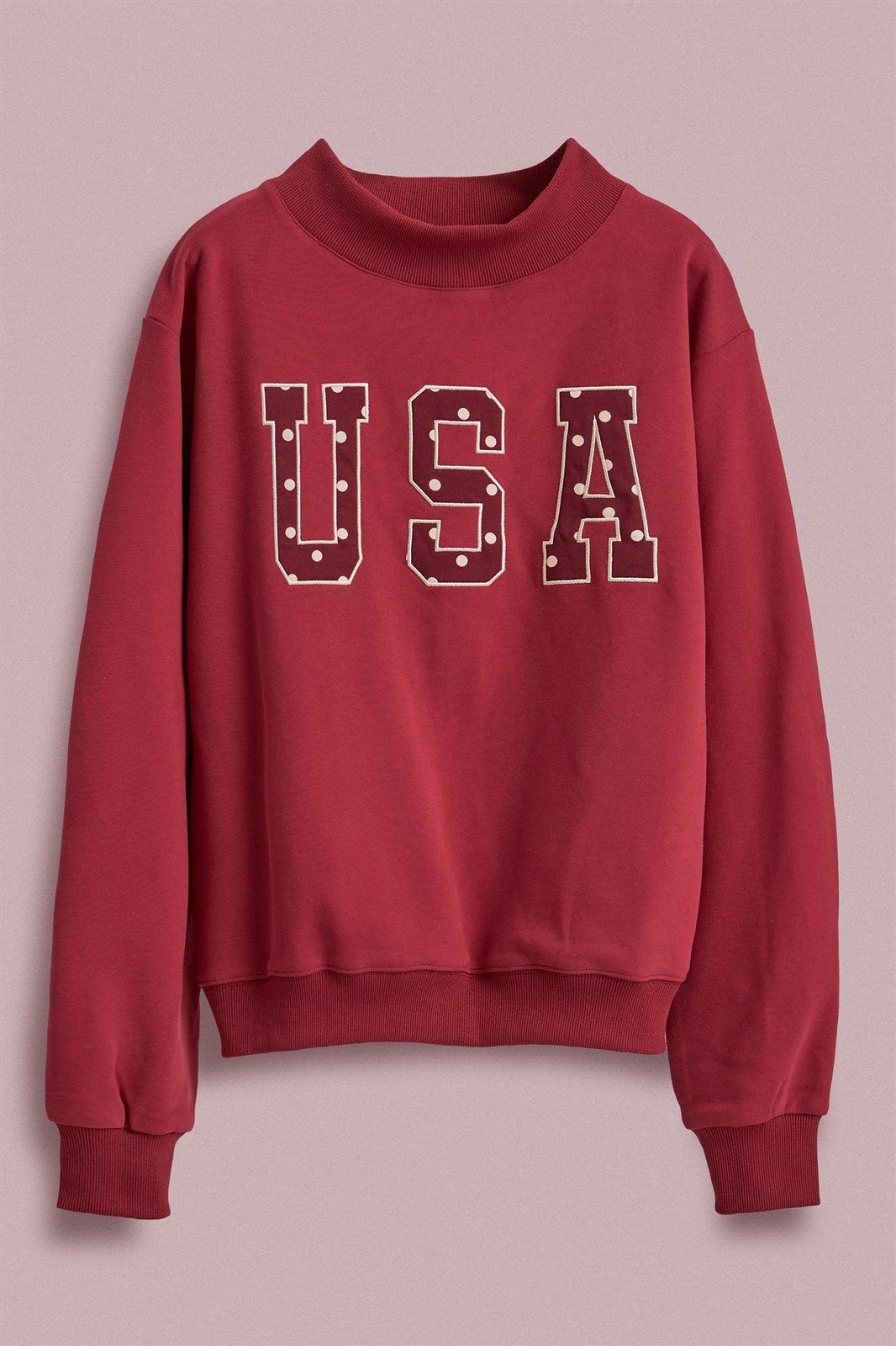 USA Polka Dot Varsity Letter Mock Neck Sweatshirt in BURGUNDY - Women's Sweatshirts & Hoodies | Urban Daizy