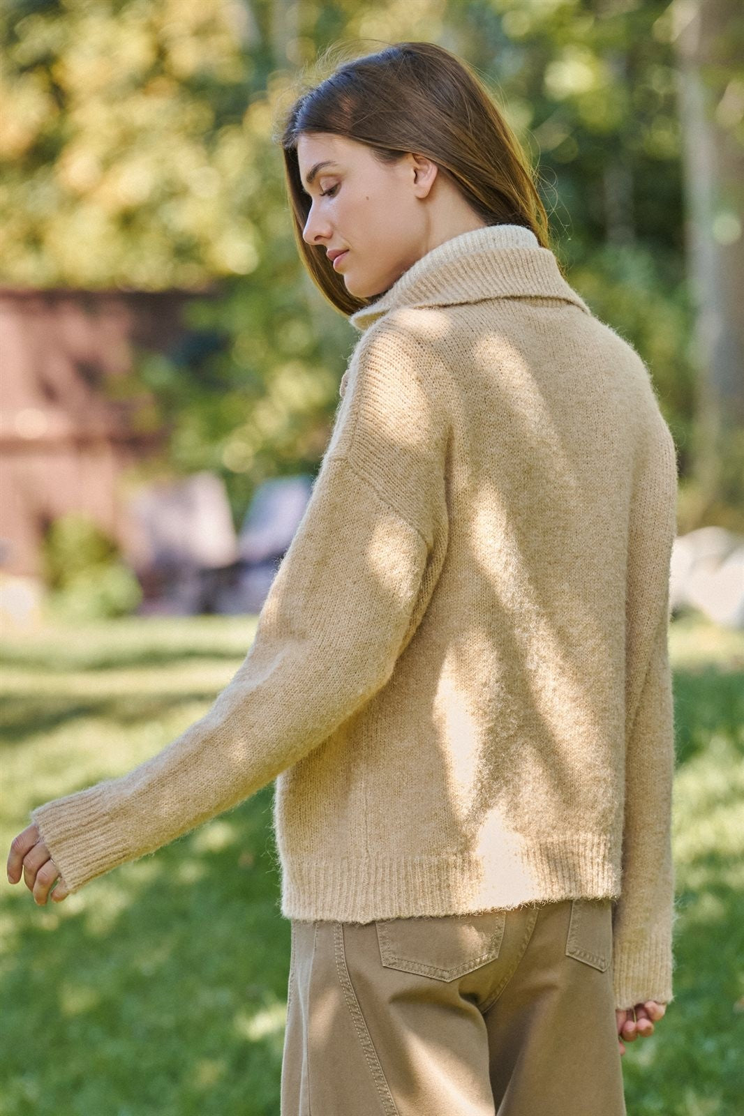 Wool Blend Half Zip Sweater with Double Collar in CAMEL - Women's Sweaters | Urban Daizy