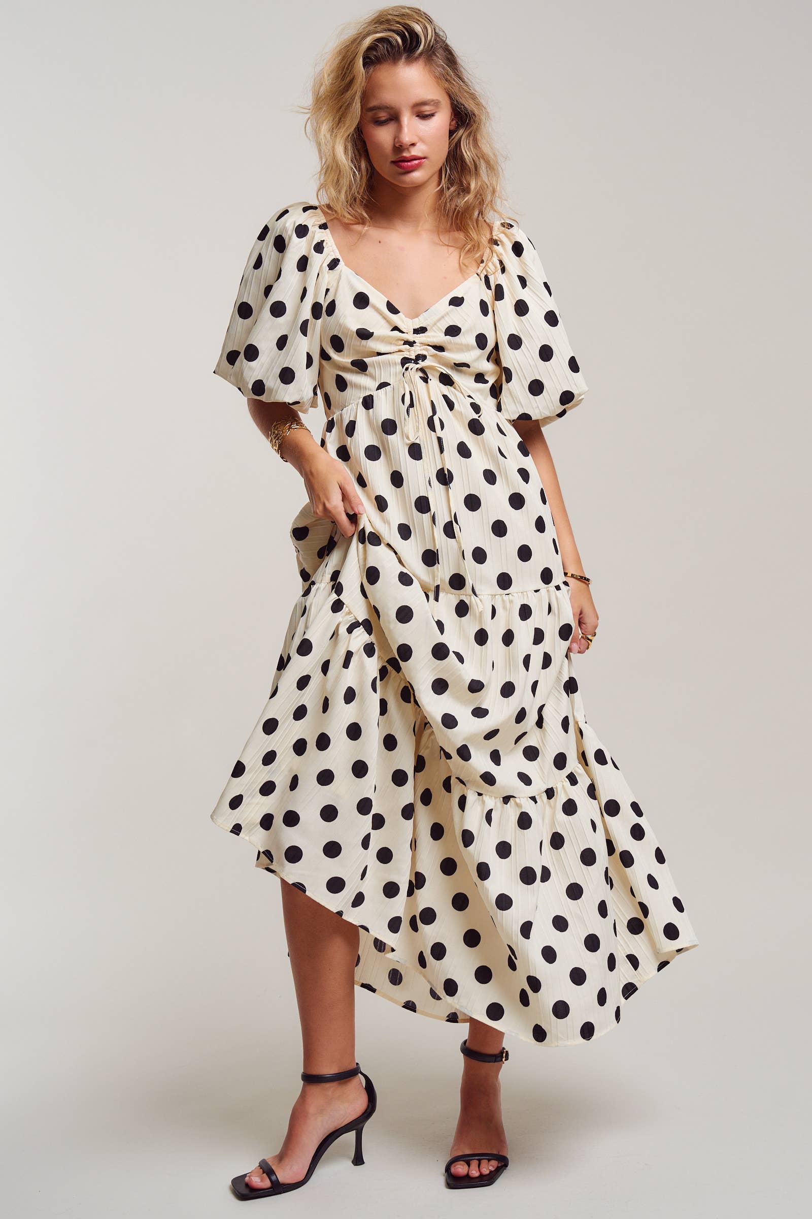 Urban Daizy Textured Polka Dot Tie-Front Puff Sleeve Maxi Dress Ivory Dress - Women's (TNDR1408-Ivory) – alternate view 7