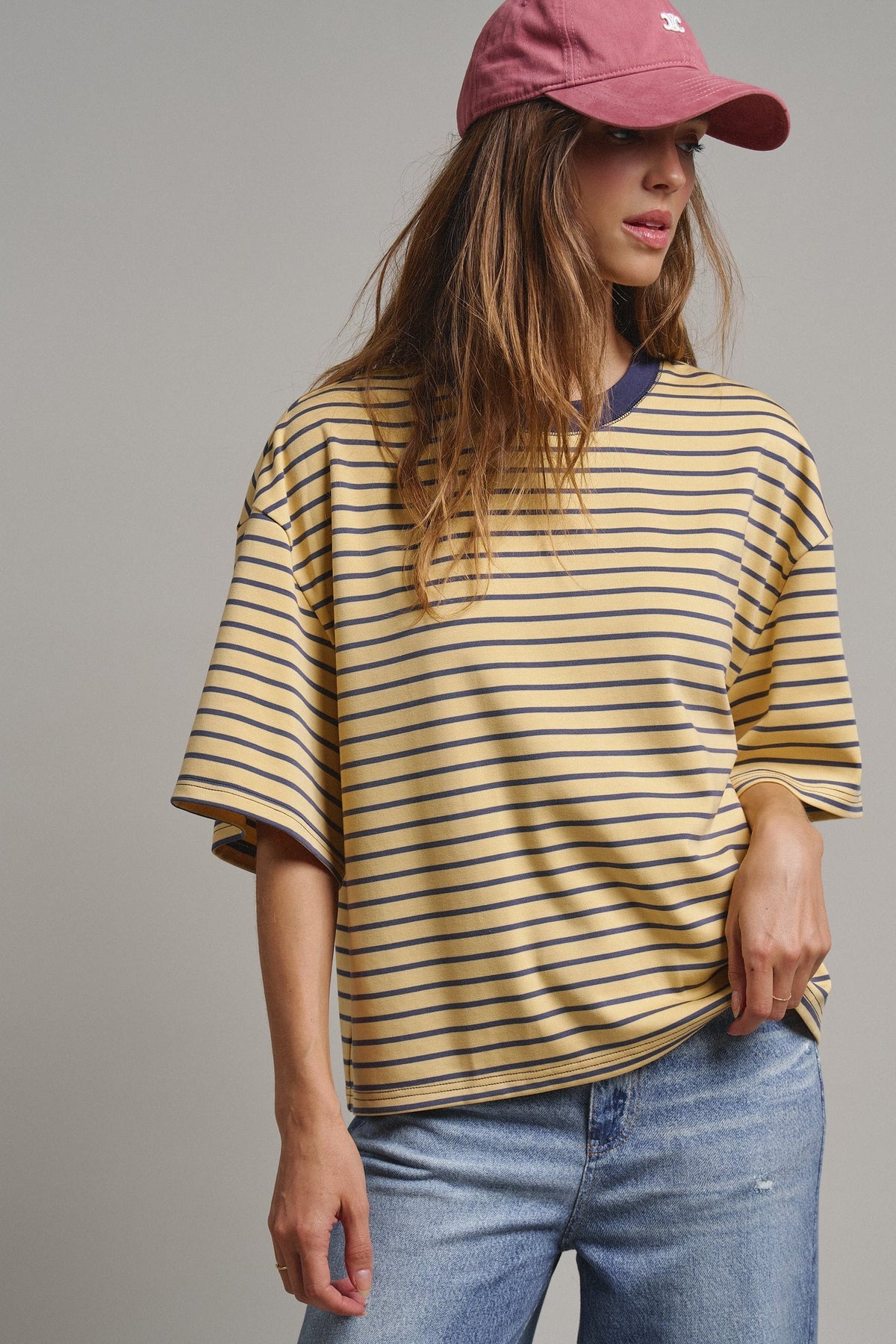 Oversized Striped Contrast Neck Boxy Tee