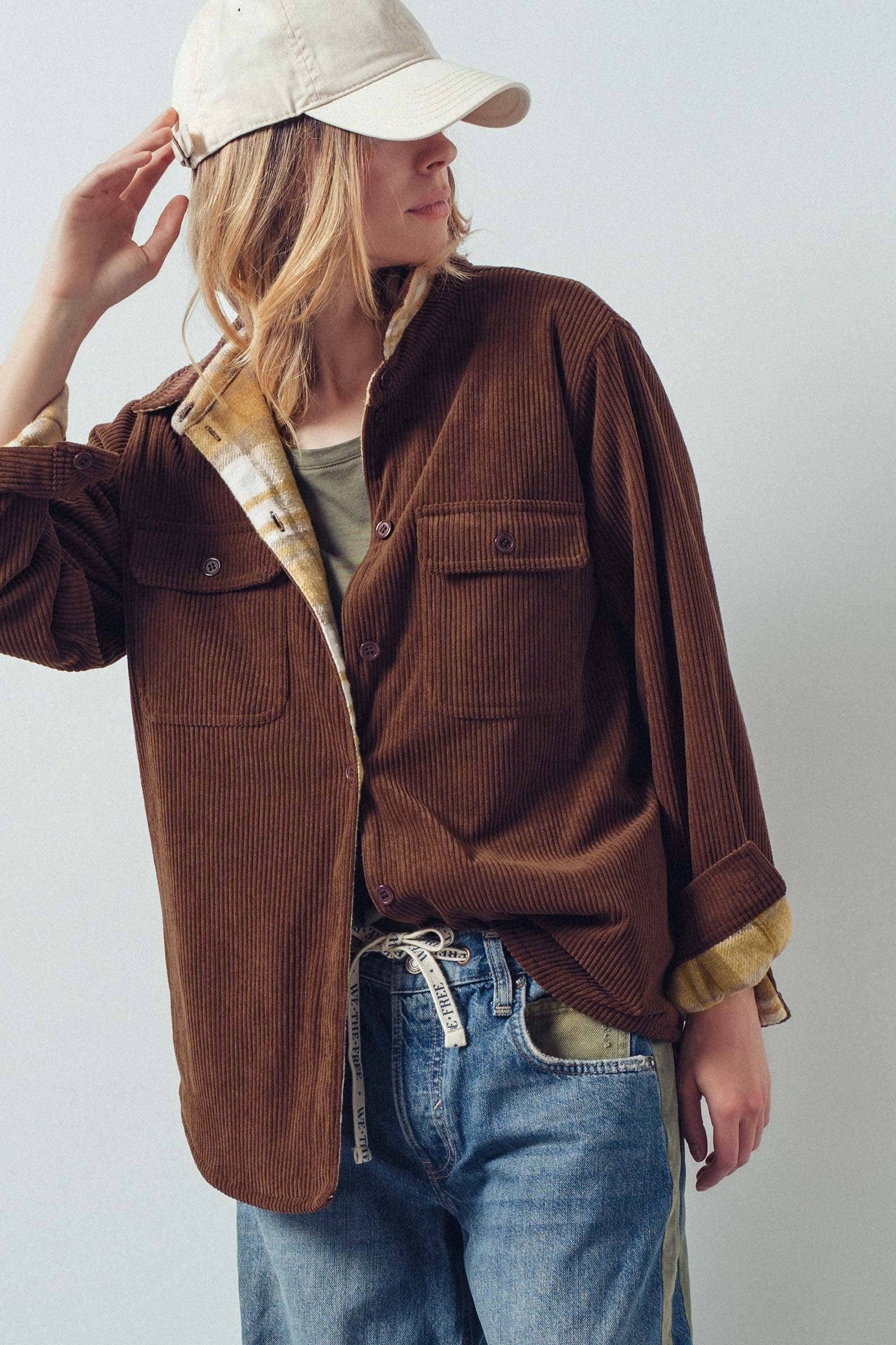 Urban Daizy Plaid Flannel-Lined Corduroy Shacket Taupe Shirt Jacket/Shacket - Women's (UDZ-KN-00150) – alternate view 32