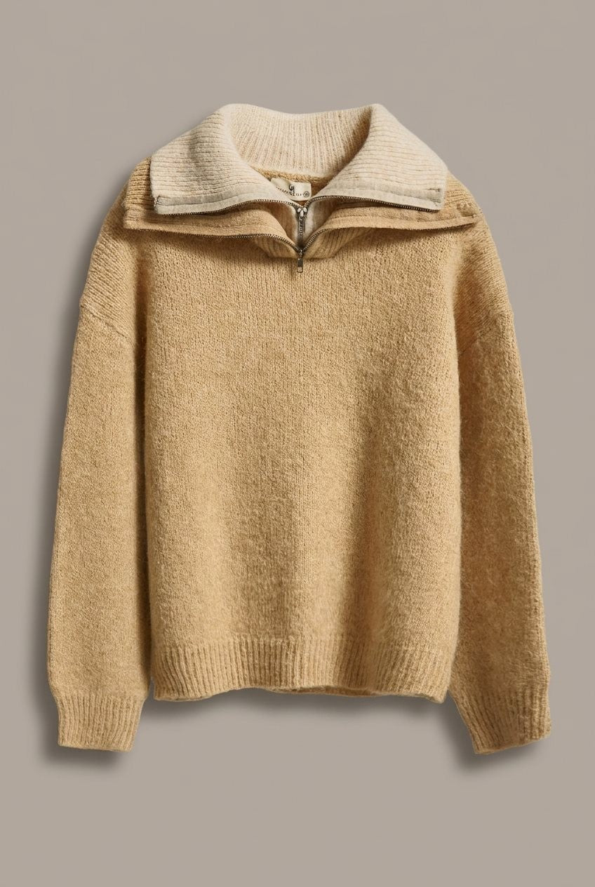 Wool Blend Half Zip Sweater with Double Collar in CAMEL - Women's Sweaters | Urban Daizy