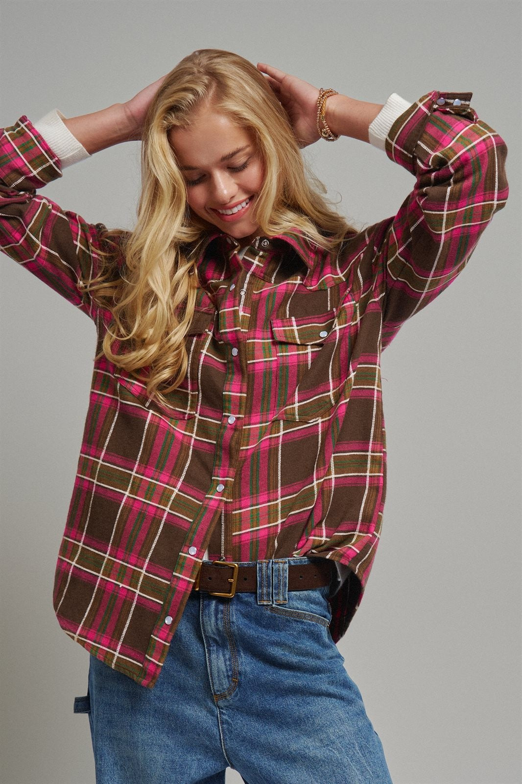 Oversized Plaid Button-Up Flannel Shirt w Pockets in BROWN MULTI - Women's Shirts & Blouses | Urban Daizy