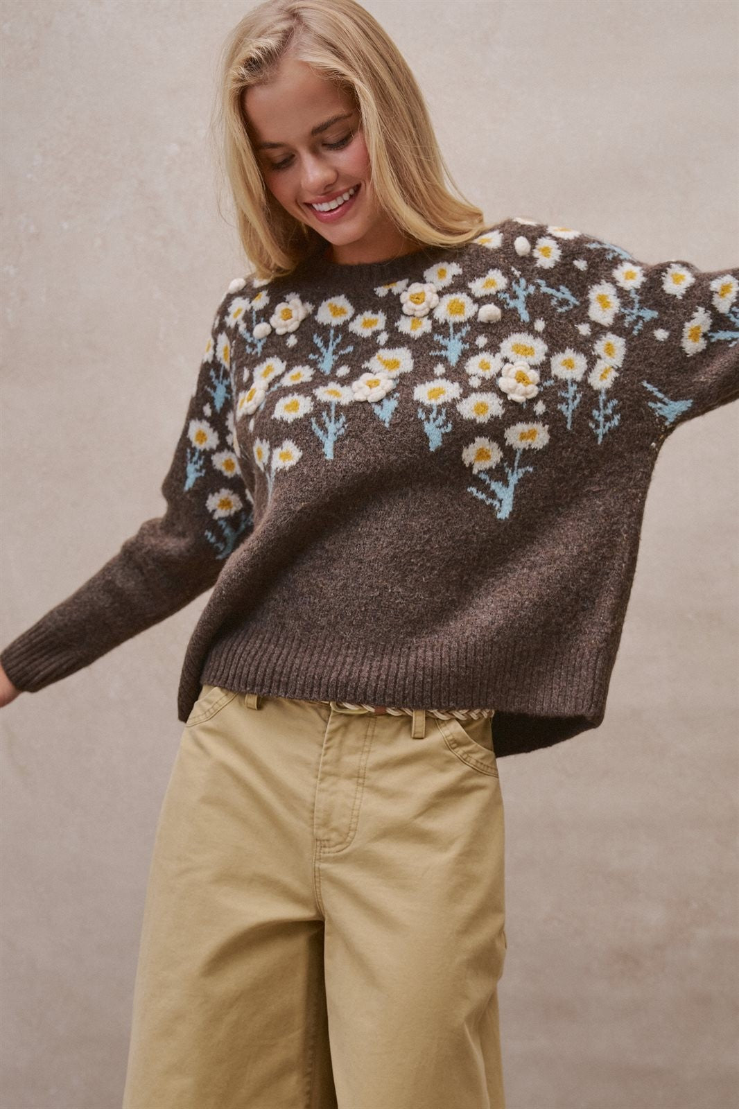 Embossed Floral Knit Sweater in BROWN - Women's Sweaters | Urban Daizy
