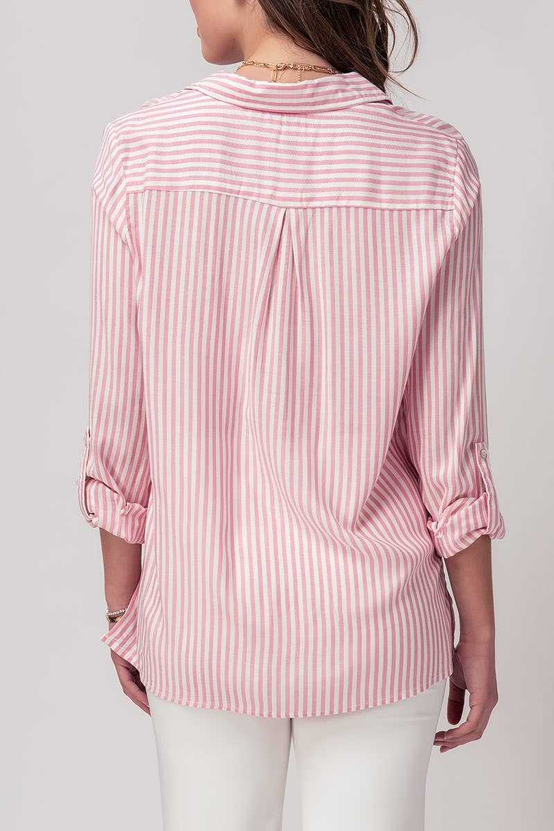 Relaxed Fit Vertical Striped Rayon Button Down Shirt