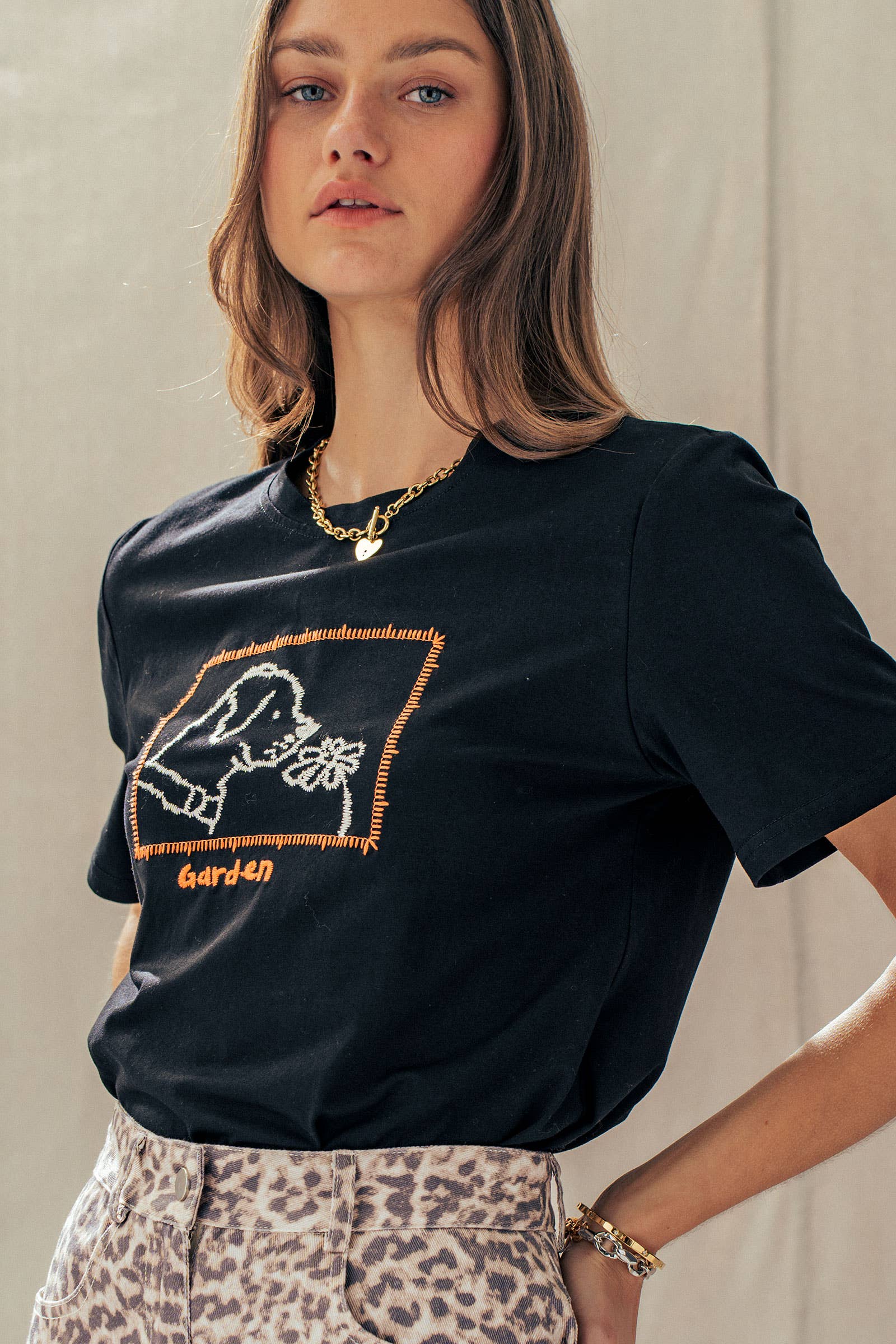 Whimsical Dog & Daisy Embroidered Cotton Tee