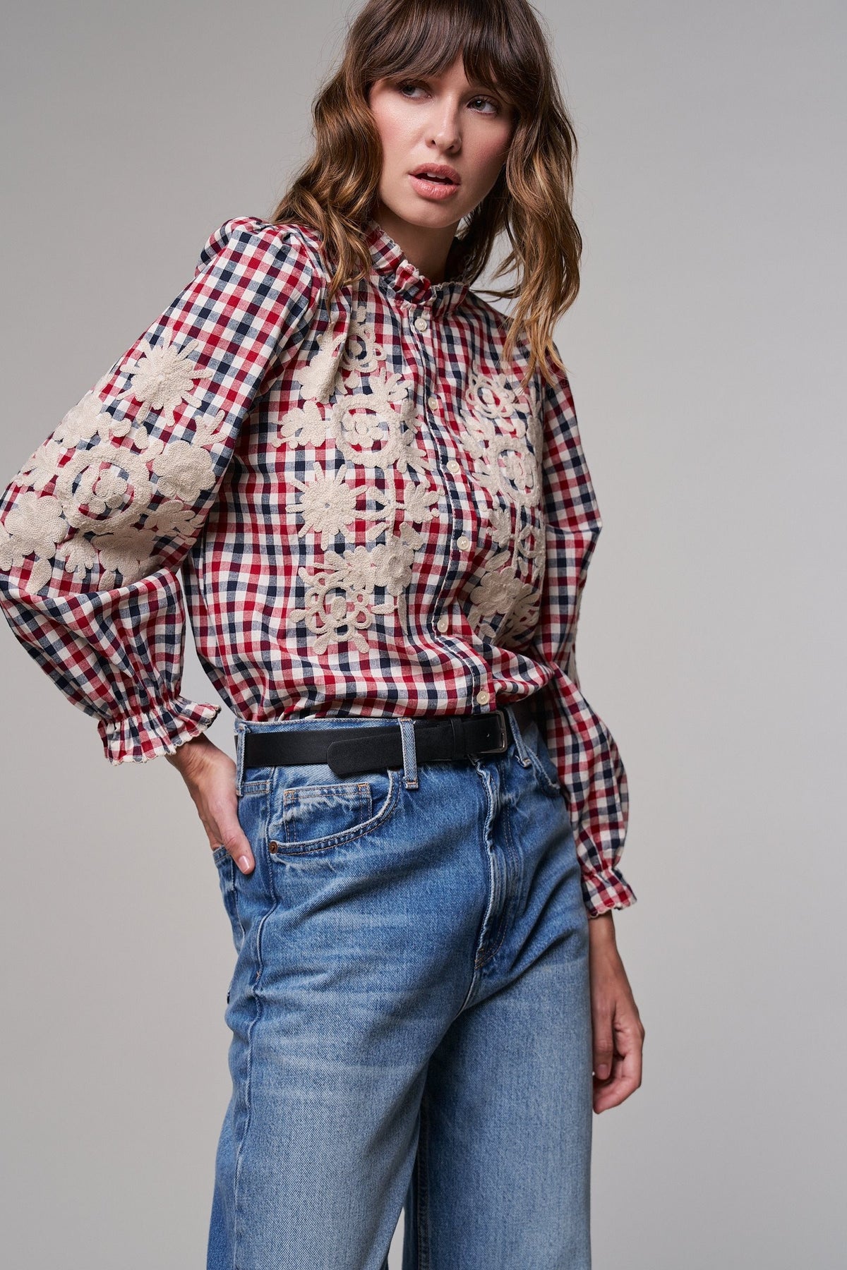 Floral Embroidered Gingham Blouse in Romantic Prairie Style in RED/NAVY - Women's Graphic T-shirts | Urban Daizy