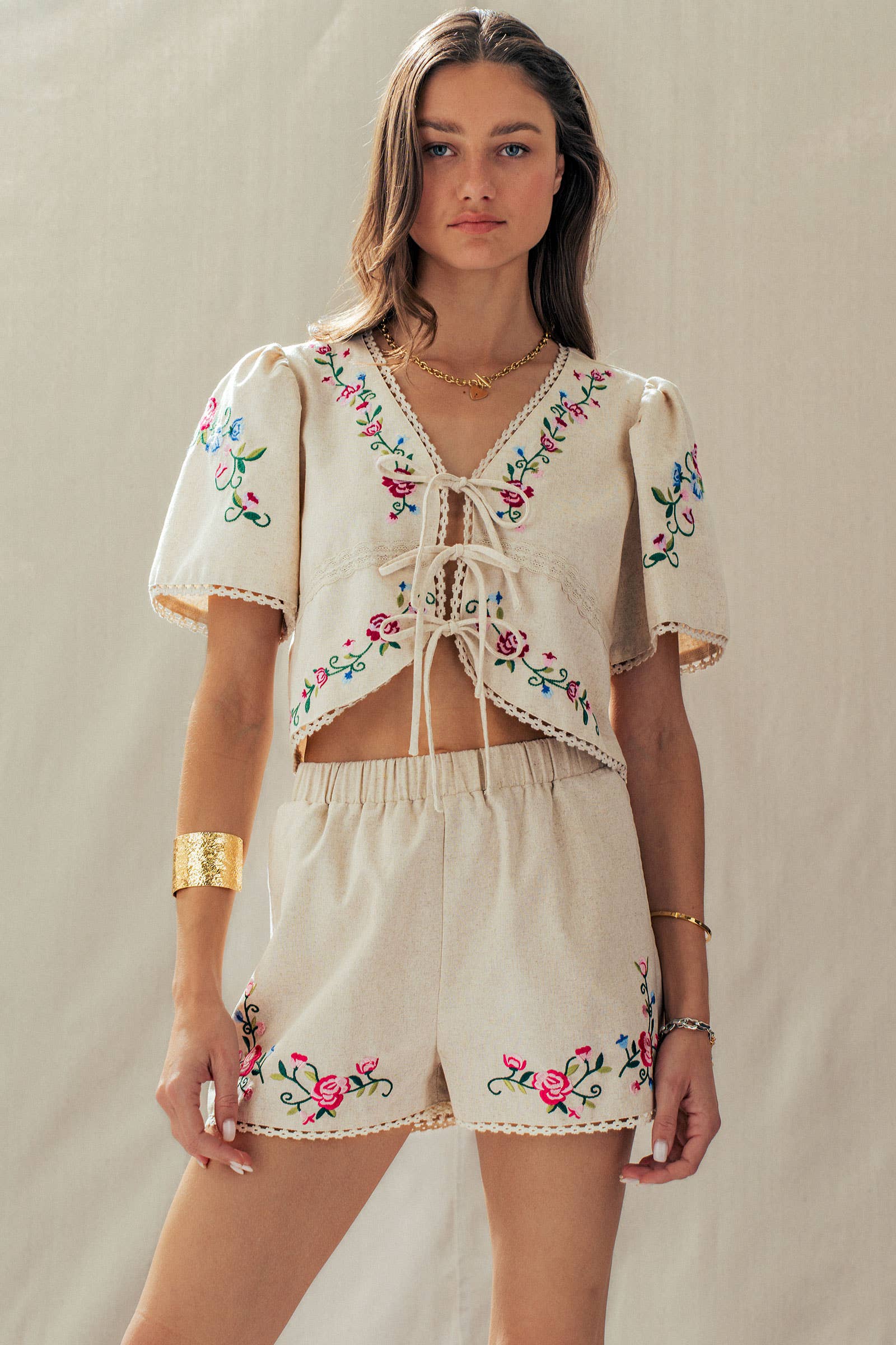 Boho Embroidered Lace Trim High-Rise Summer Shorts