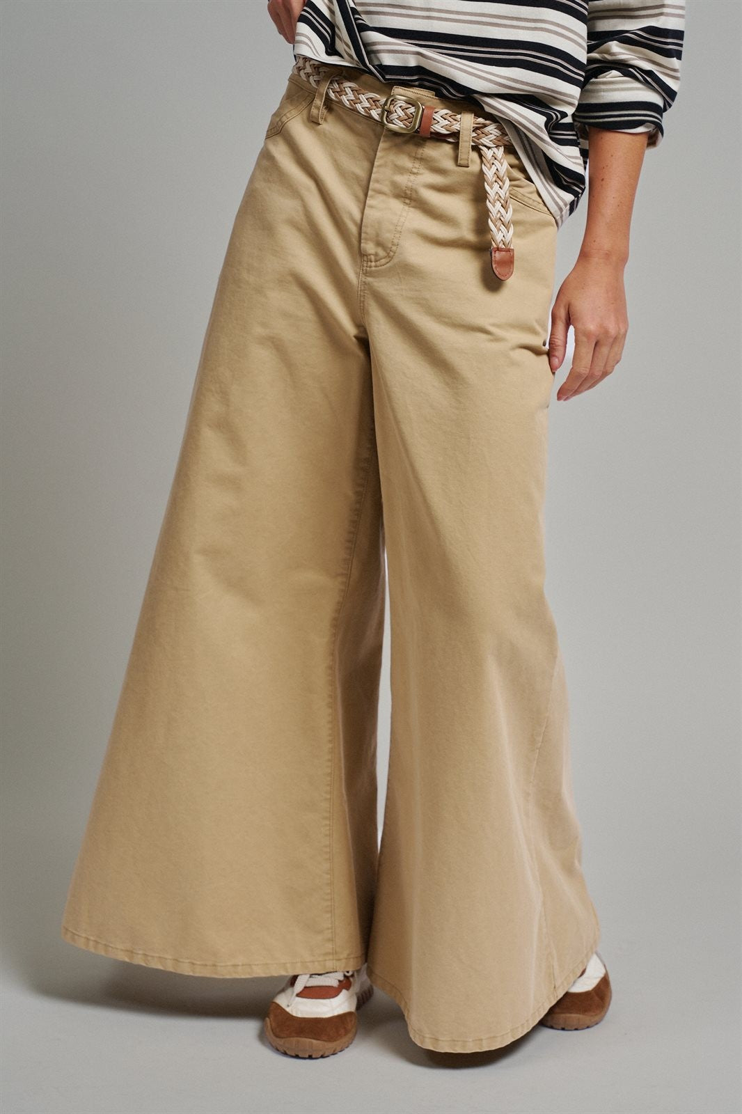 Washed Cotton Wide Leg Palazzo Pants with Woven Belt in KHAKI - Women's Casual Pants | Urban Daizy