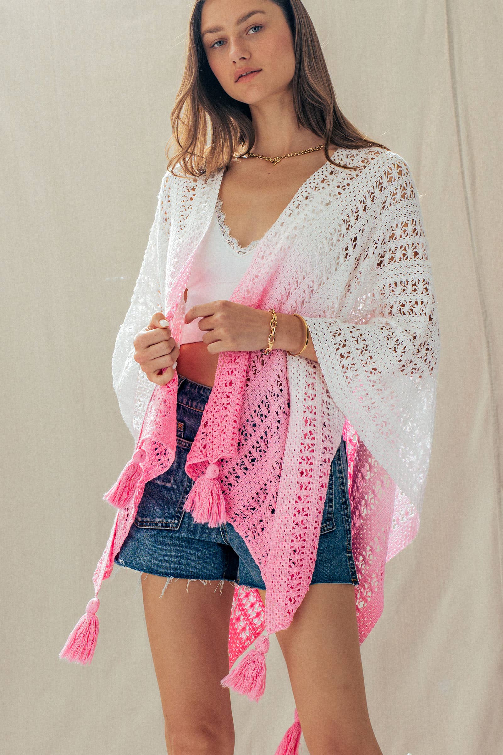 Urban Daizy Ombre Crochet Knit Poncho Tassel Cover-Up Sage Poncho - Women's (UDZ-OT-00492) – alternate view 8