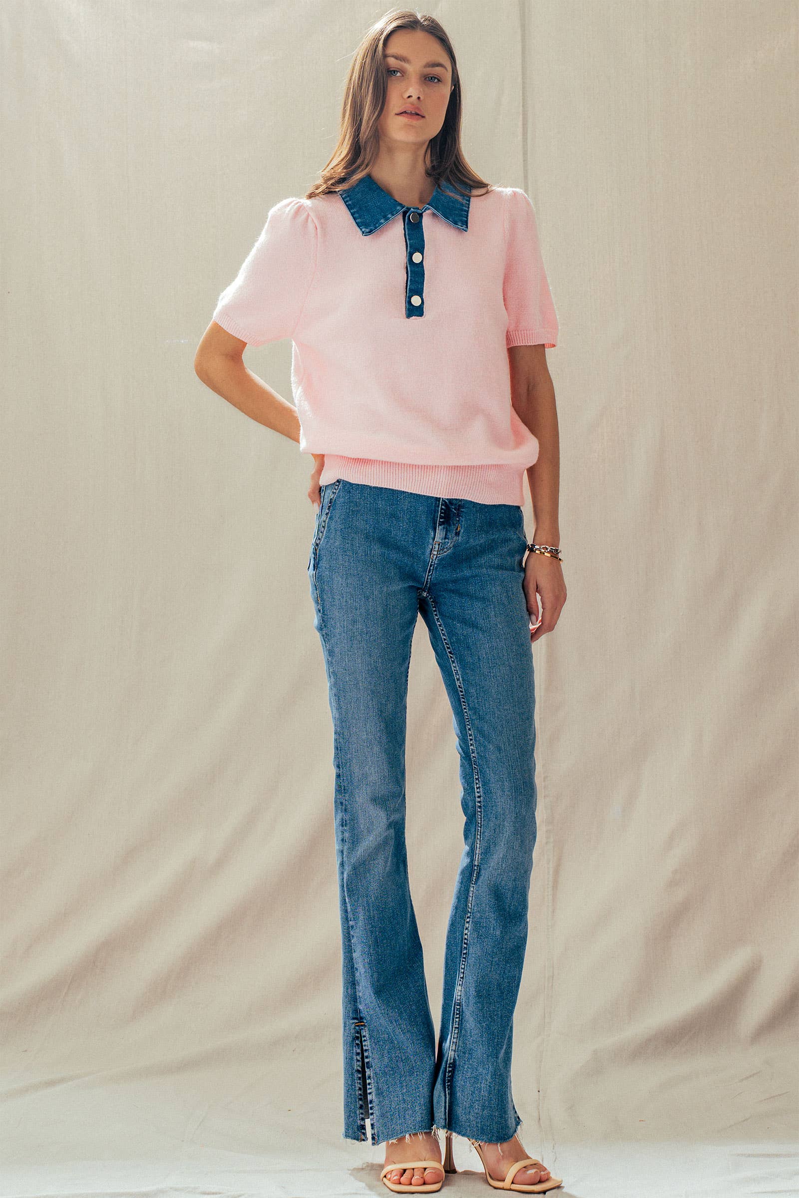 Contrast Denim Collar Knit Sweater Top