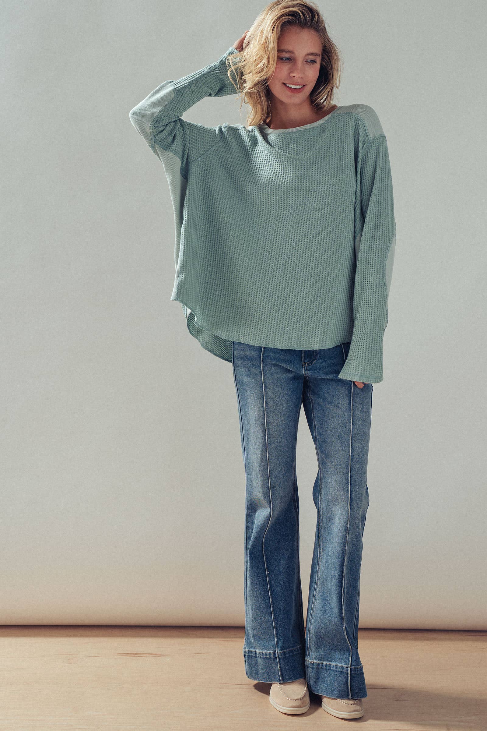 Oversized Waffle Knit High-Low Tunic Top