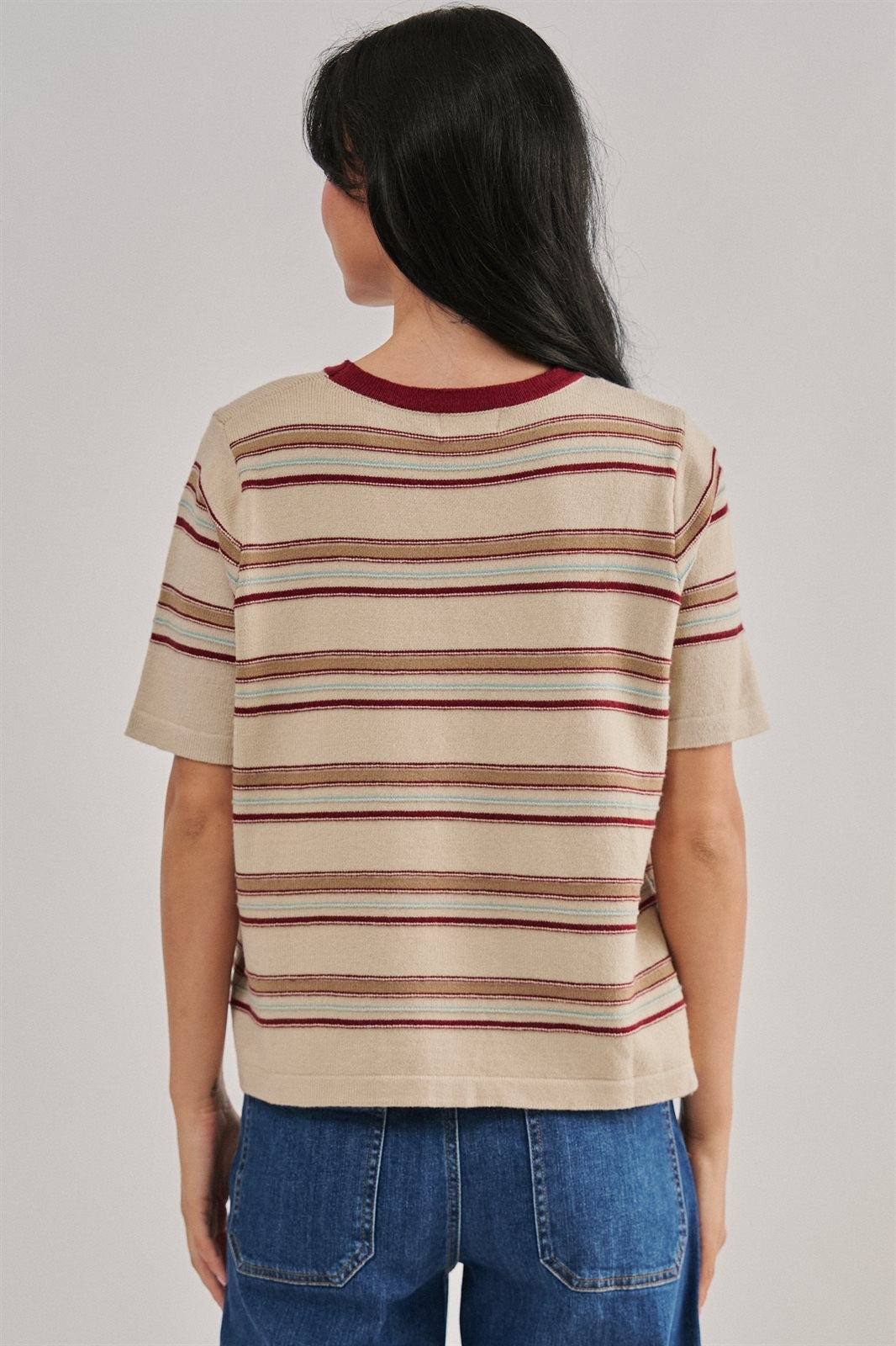 Striped Knit Tee Vintage 70s Retro Boho Coastal Top for Wome in IVORY - Women's T-Shirts & Polos | Urban Daizy