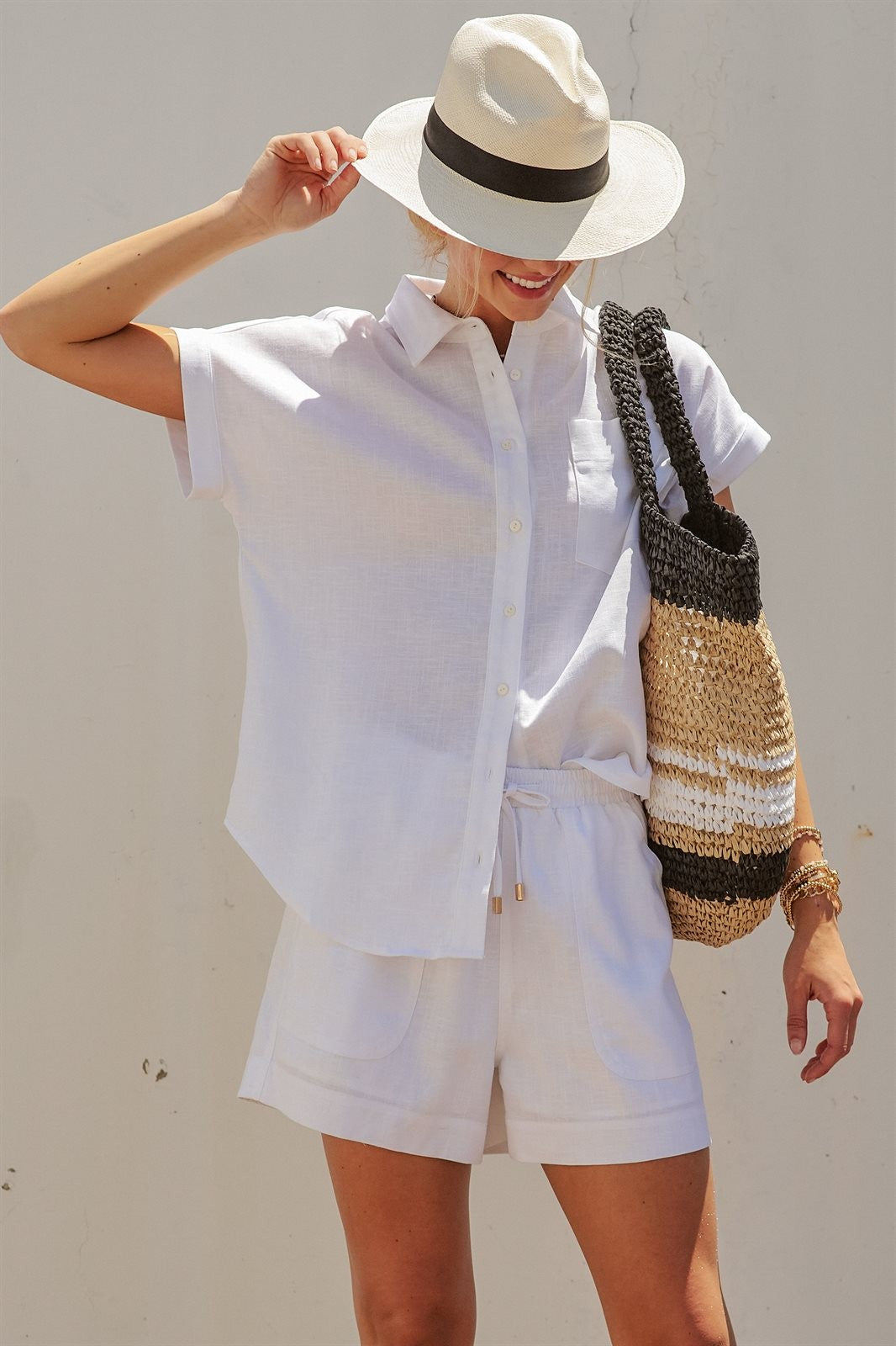Coastal Ease Linen Short Sleeve Shirt in WHITE - Women's Tops | Urban Daizy