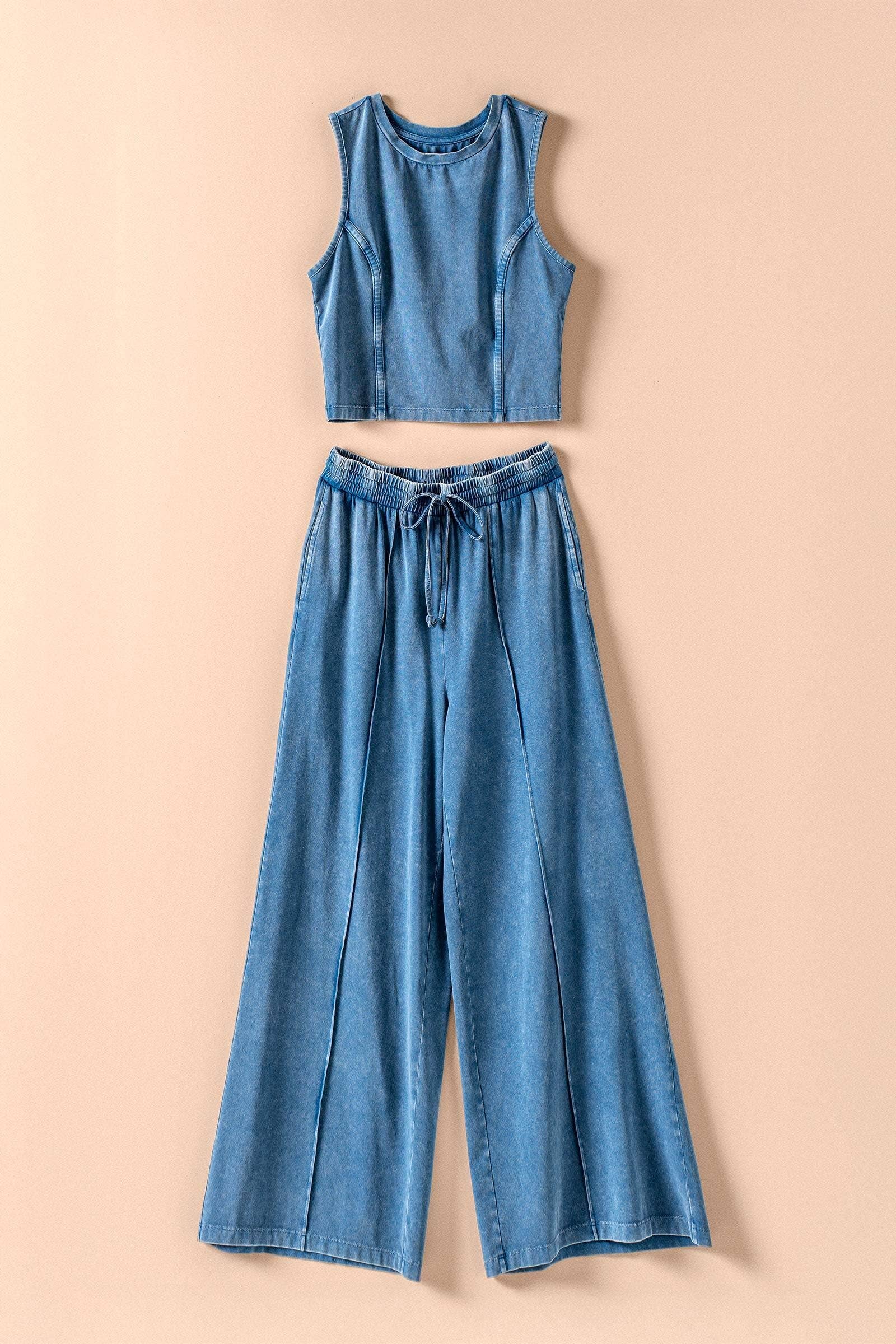 Urban Daizy Mineral Wash Cotton Crop Tank & Wide Leg Pant Set Navy Top & Pant Set (NOT Loungewear) - Women's (UDZ-AC-00242)