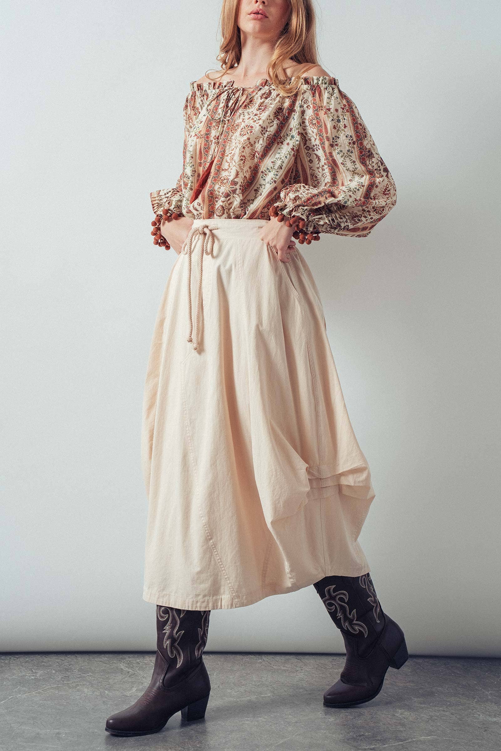 Balloon Hem Drawstring Maxi Skirt