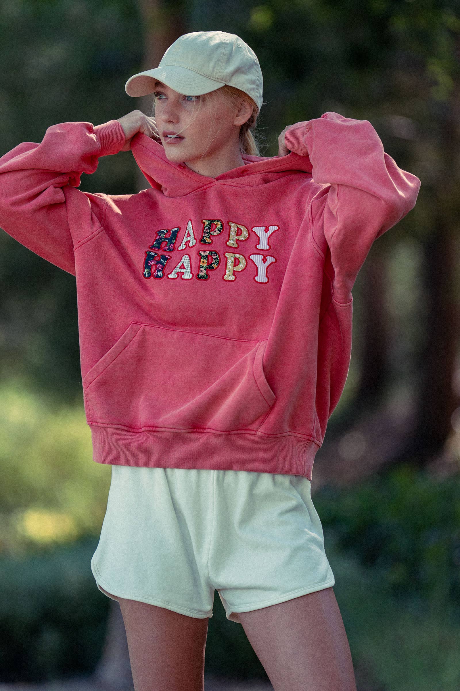 Urban Daizy "HAPPY HAPPY" Vintage Washed Hoodie Red Hoodie - Women's (UDZ-KN-00891) – alternate view 12