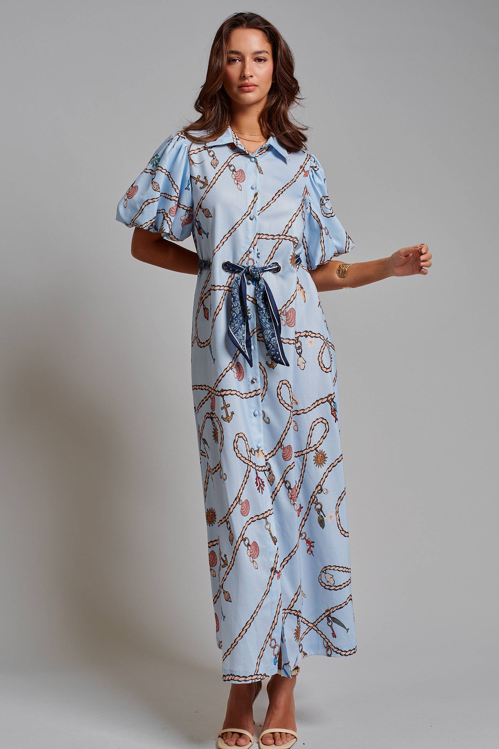 Nautical Motif Puff Sleeve Shirt Dress