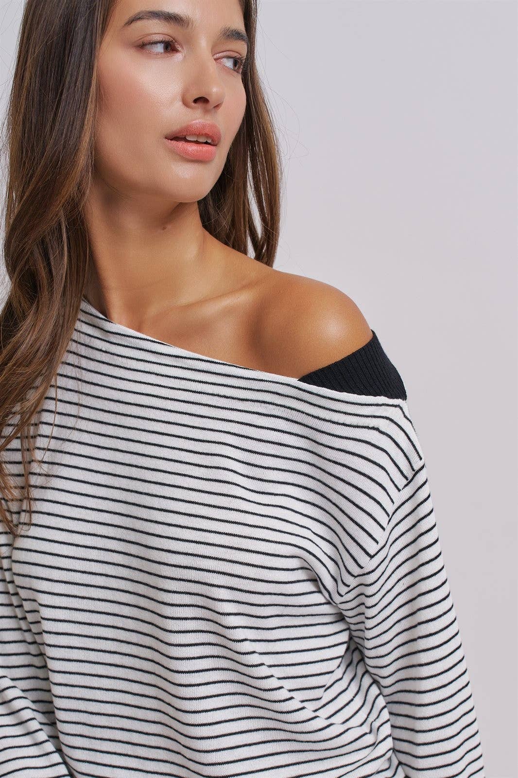 Urban Daizy Asymmetrical Striped One-Shoulder Top Ivory-Black Knit Top - Women's (UDZ-TP-01085-Ivory-Black) – alternate view 8