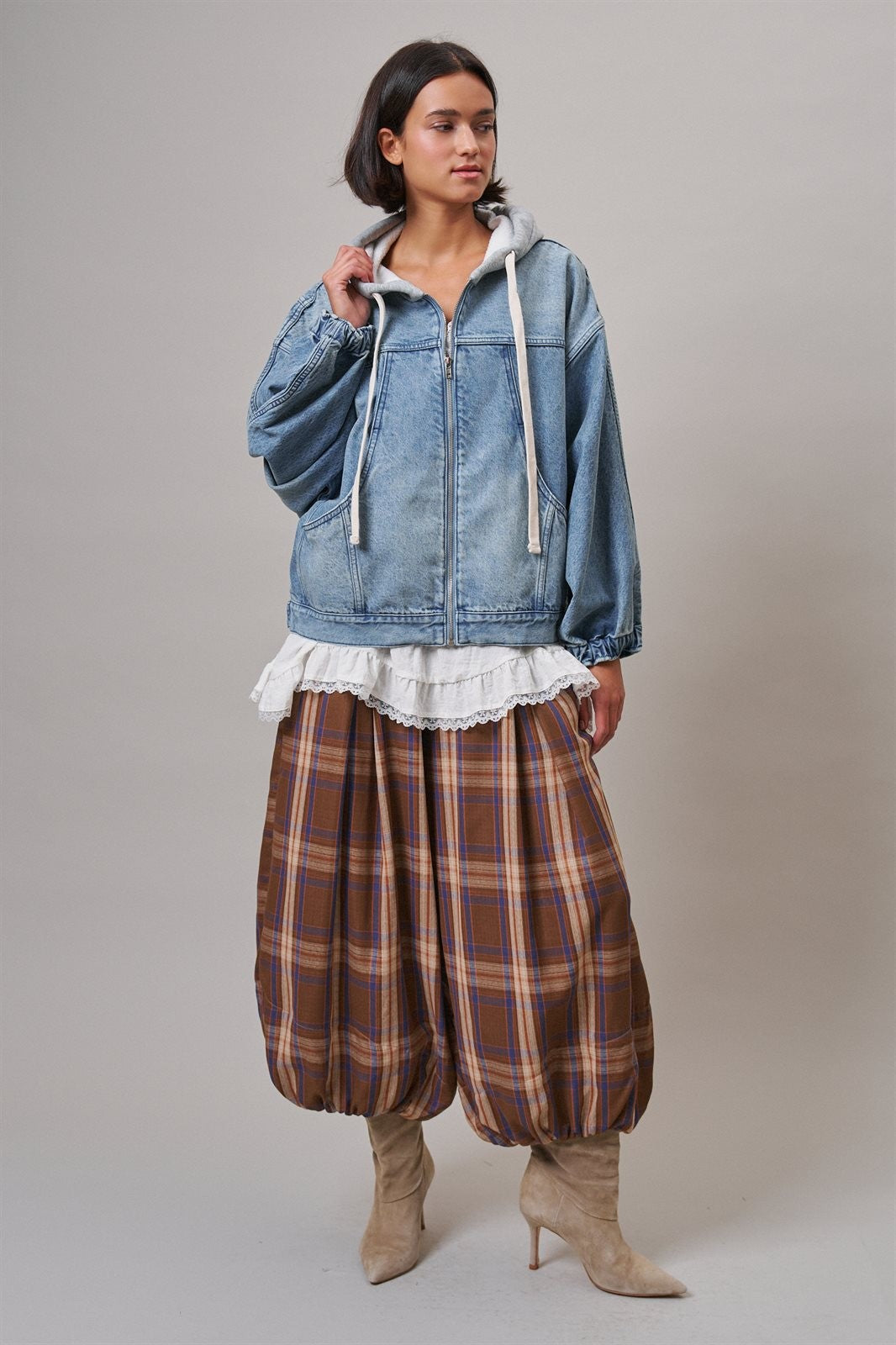 Hooded Denim Zip Up Jacket with French Terry Hood in DENIM - Women's Jackets & Blazers | Urban Daizy
