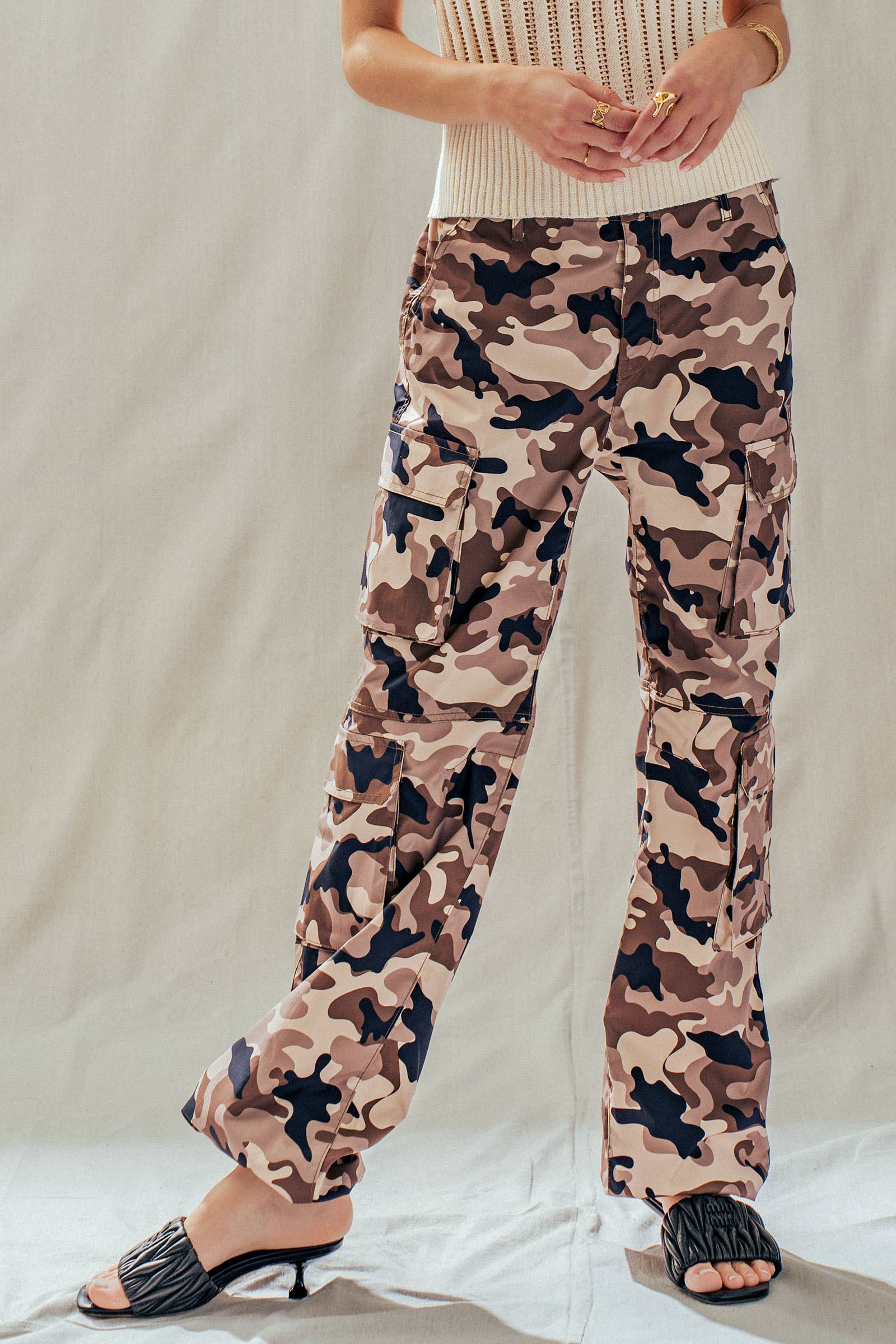 Camo Print Utility Cargo Pants with Drawstring Hem