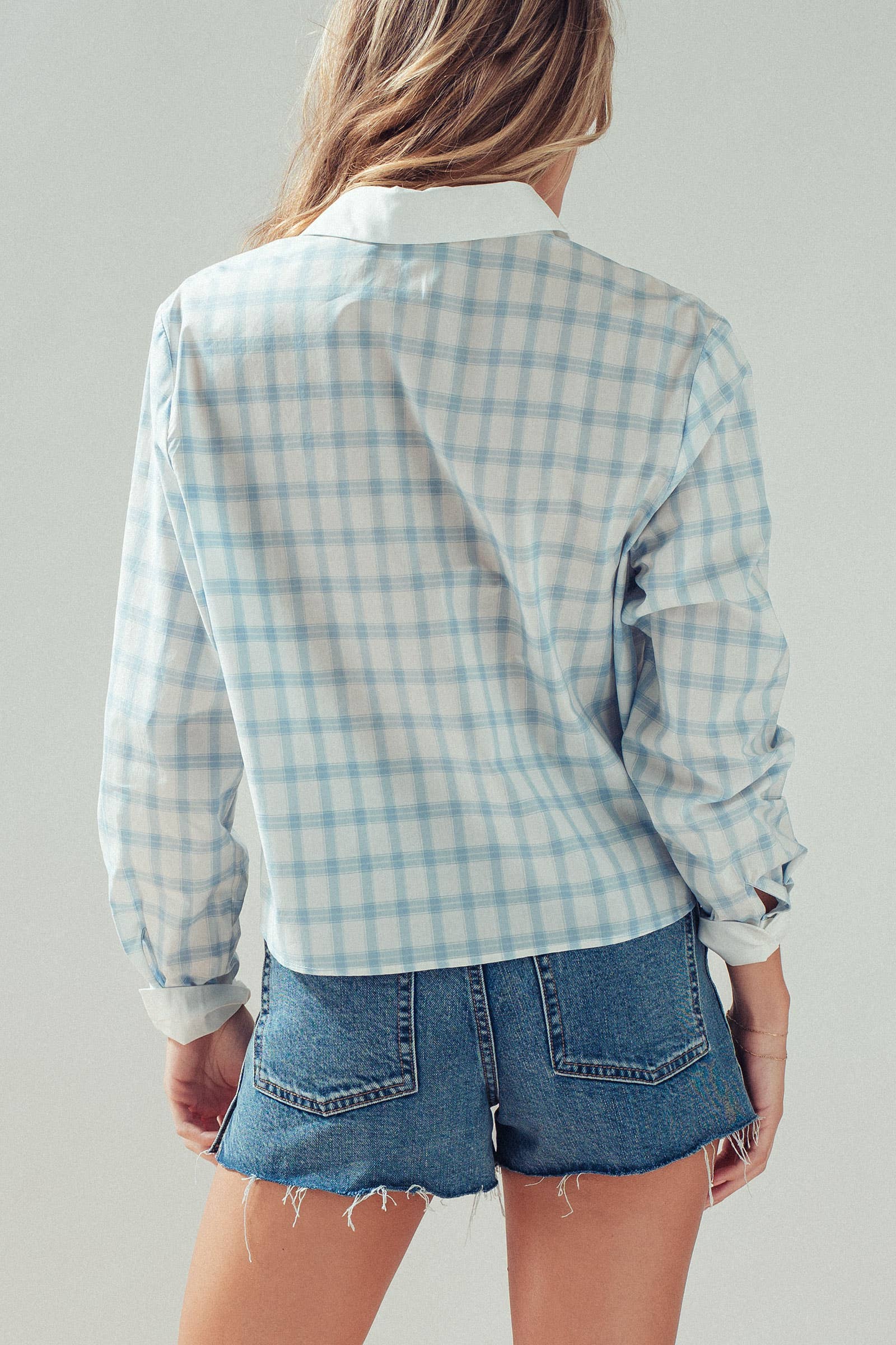 Urban Daizy Contrast Collar Plaid Button Front Shirt Blue Button Down Shirt - Women's (UDZ-TP-01003) – alternate view 8