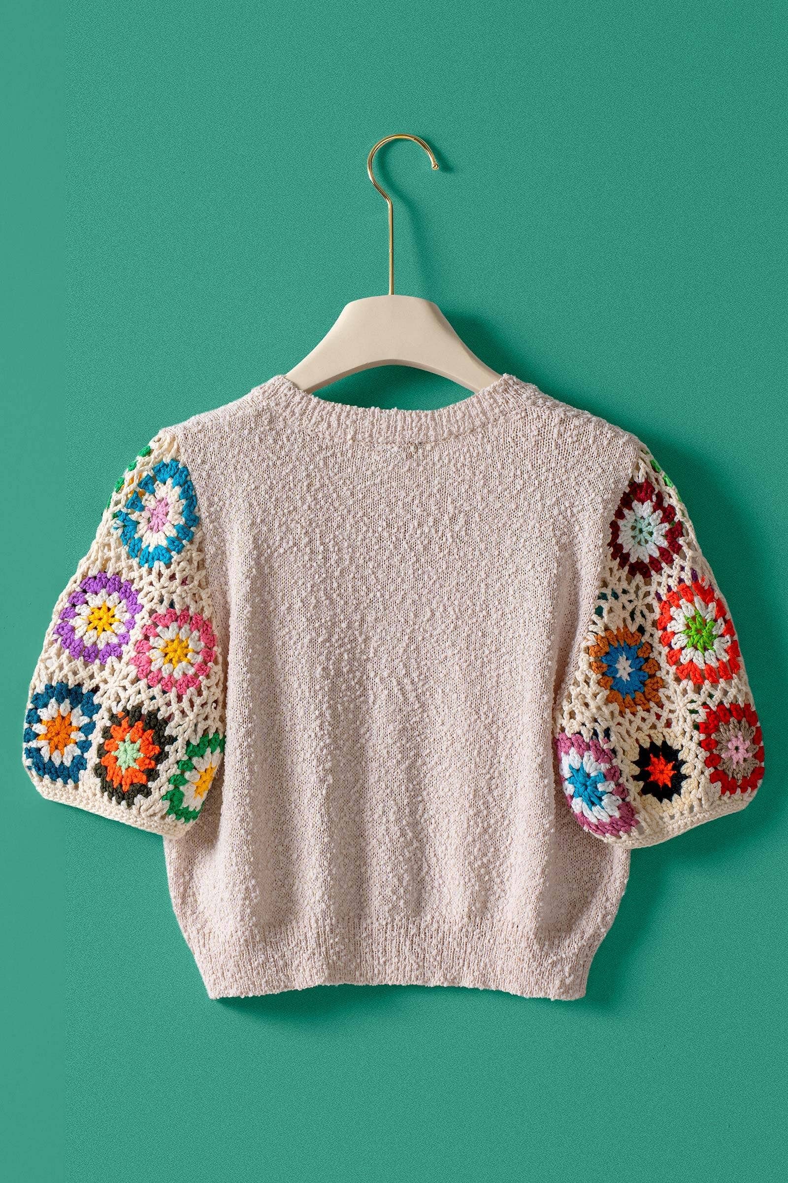 Urban Daizy Granny Square Crochet Sleeve Knit Button Cardigan Taupe Cardigan - Women's (UDZ-KN-01058) – alternate view 2