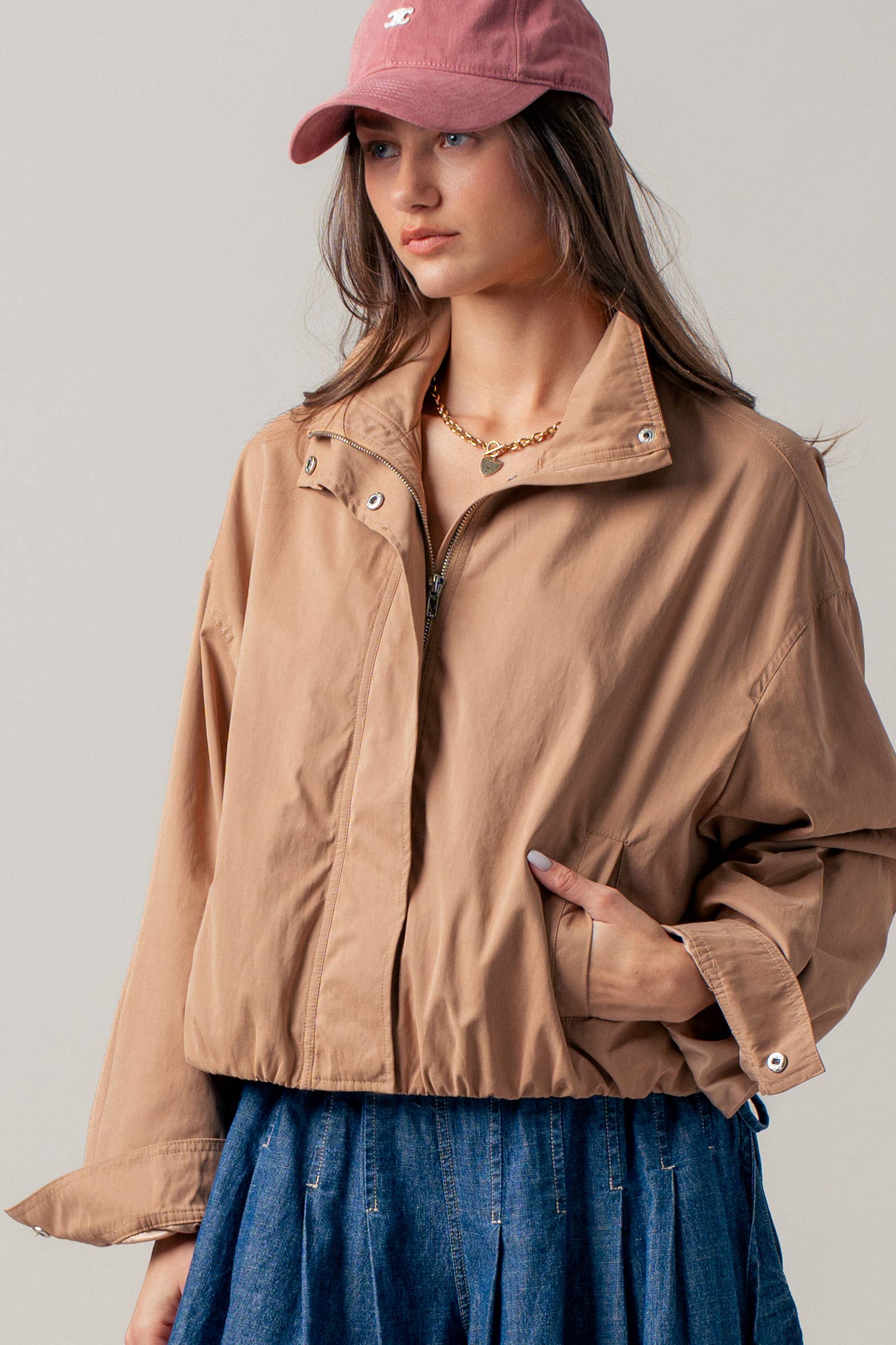 Modern Relaxed Stand Collar Camel Zip Jacket