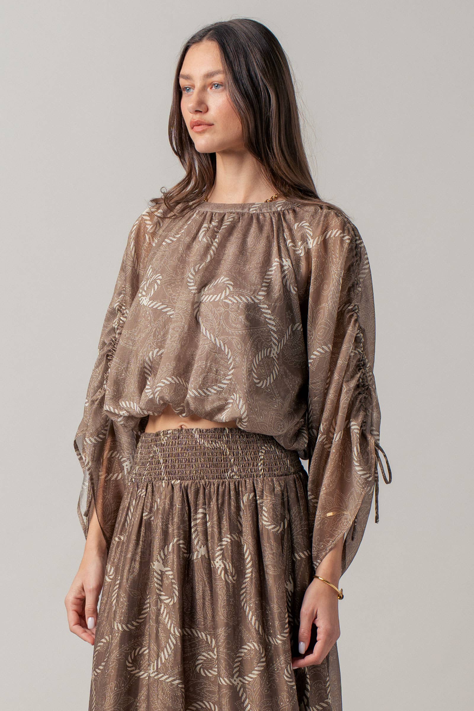 Rope Print Ruched Sleeve Blouse Linen Silk Blend