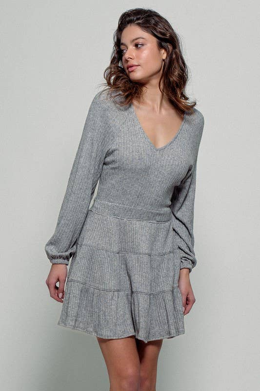 Cashmere Ribbed V-Neck Tiered Mini Dress