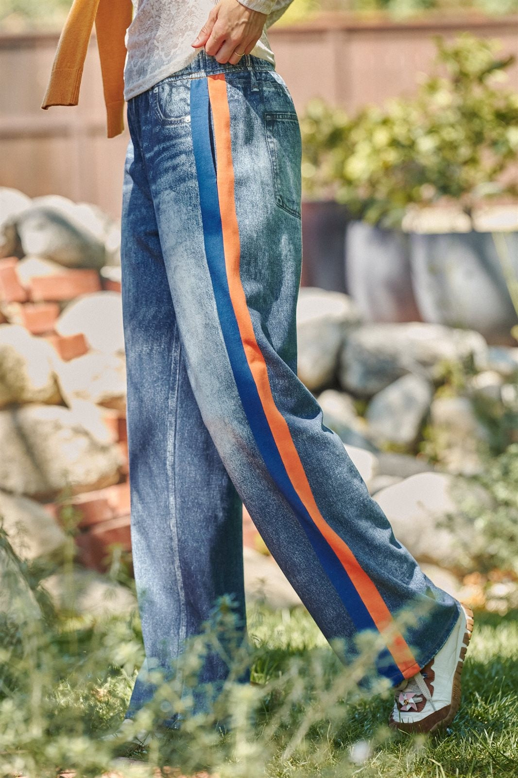 Wide Leg Faux Denim Print French Terry Track Pants with Side in ORANGE BLUE - Women's Casual Pants | Urban Daizy