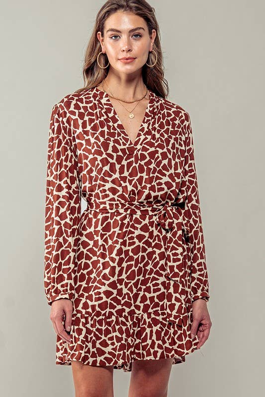 Urban Daizy Giraffe Print Long Sleeve V Neck Belted Mini Western Dress Rust Dress - Women's (UDZ-DR-00066) – alternate view 3