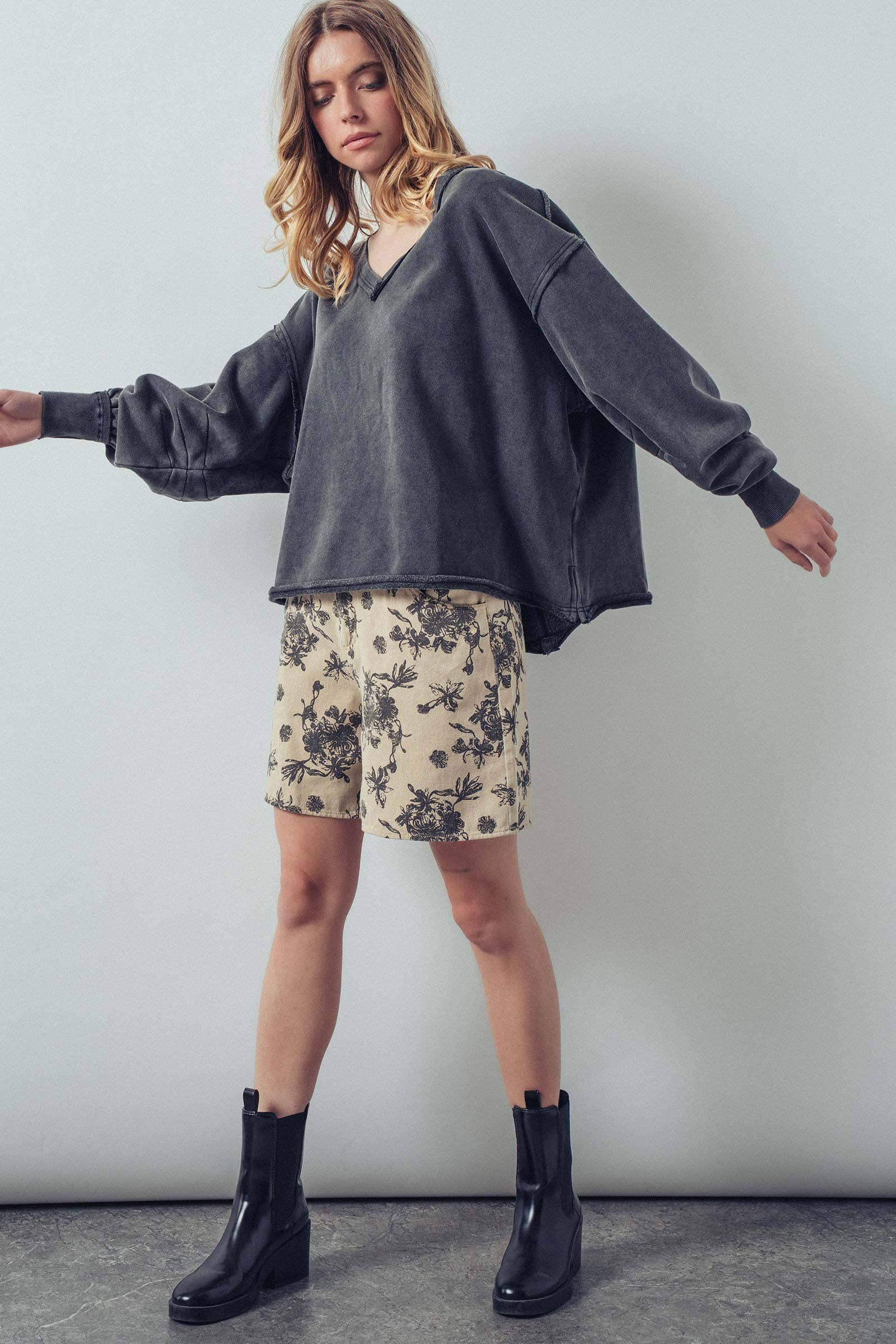 Raw Edge V-Neck Oversized Sweatshirt