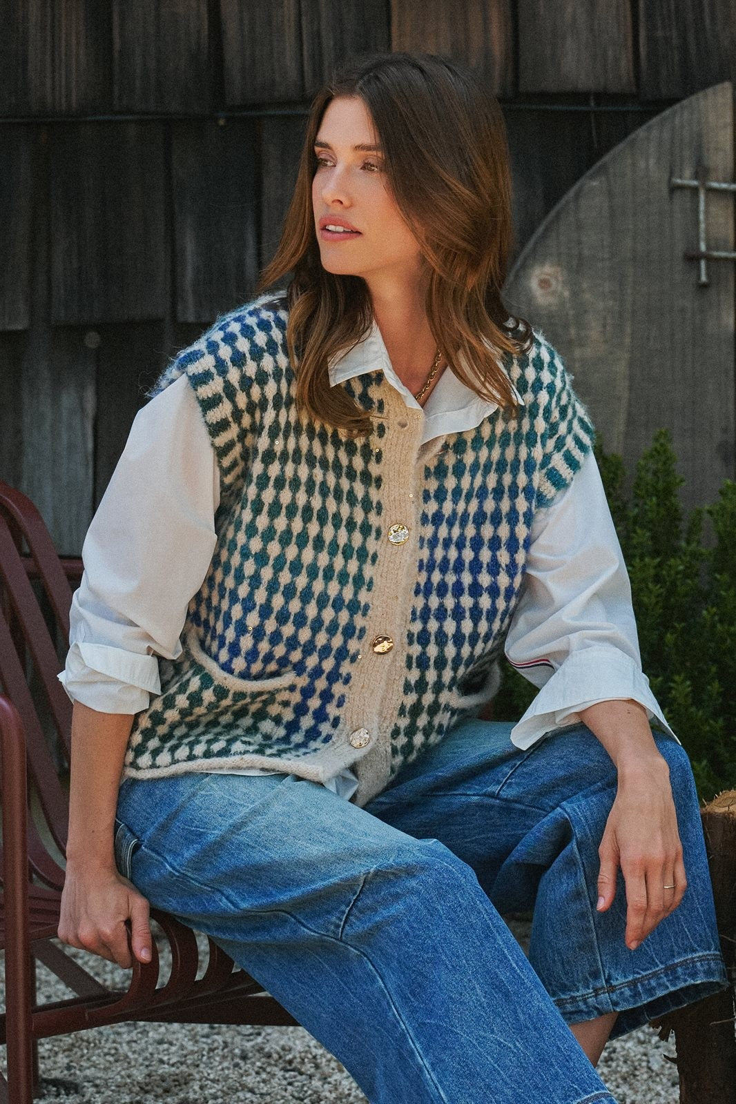 Popcorn Knit Button Front Sweater Vest Wool Blend in GREEN - Women's Sweater Vests | Urban Daizy