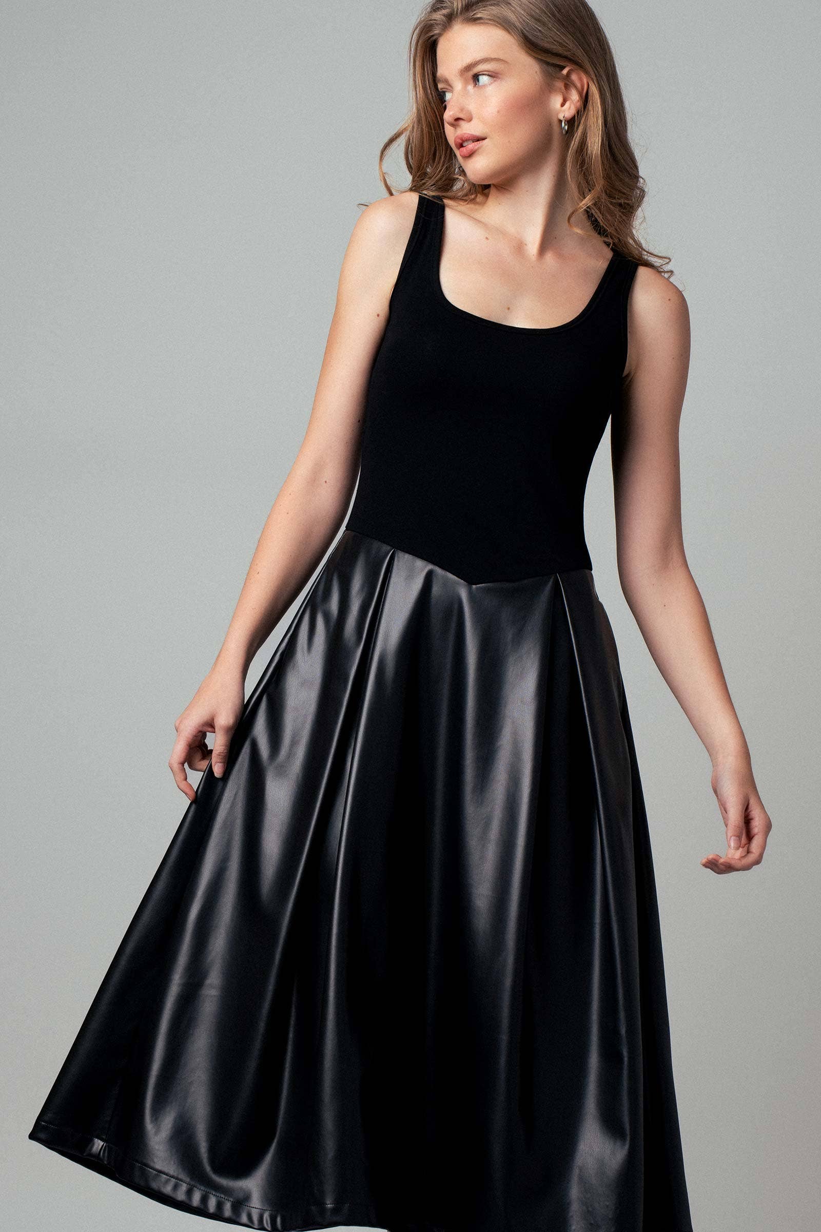 Faux Leather Contrast A-Line Midi Dress