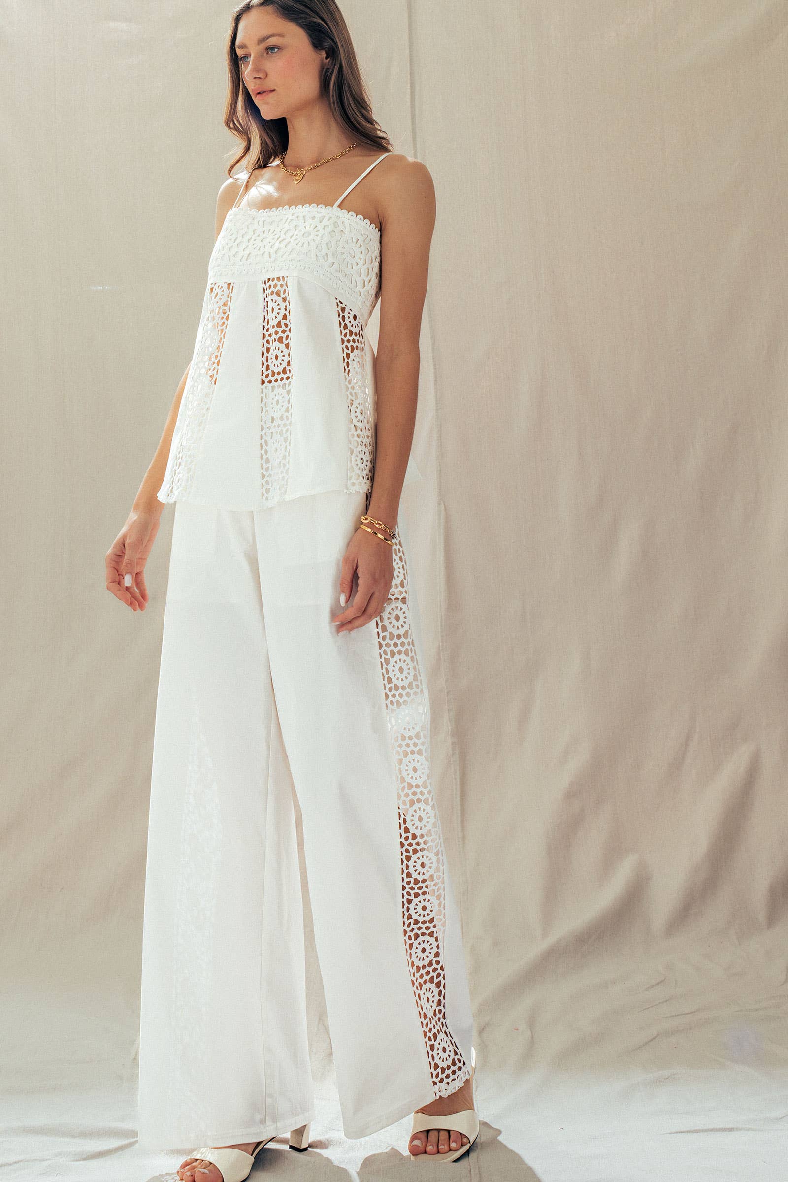 Cotton Eyelet Two-Piece Set Peplum Cami & Pants