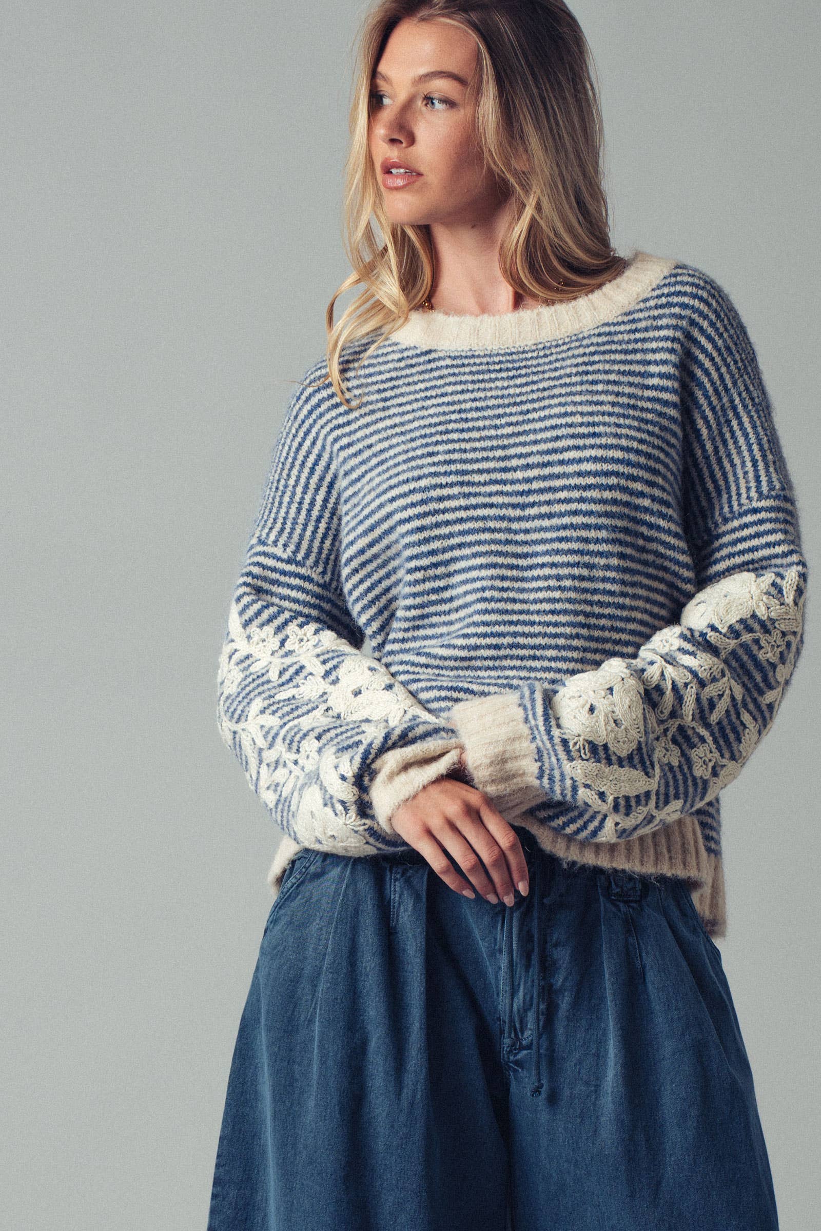 Urban Daizy Floral Embroidered Striped Knit Sweater Brown Knit Sweater - Women's (UDZ-TP-00814) – alternate view 20