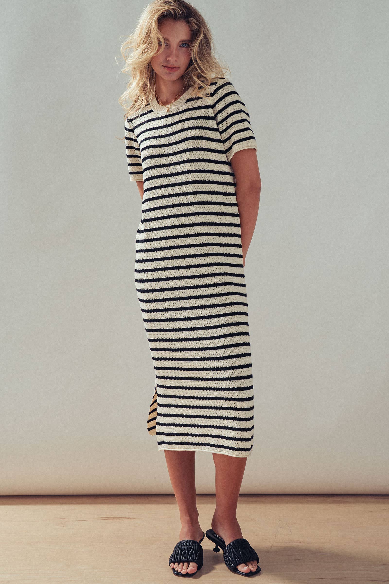 Striped Crochet Knit Short Sleeve Midi Dress