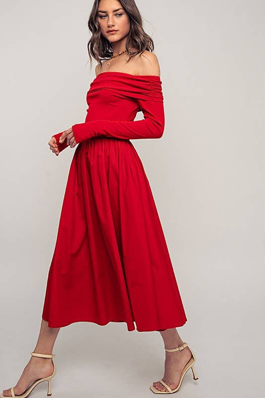Urban Daizy Elegant Off Shoulder Ruched Long Sleeve Spring Midi Dress Red Dress - Women's (UDZ-DR-00366) – alternate view 4