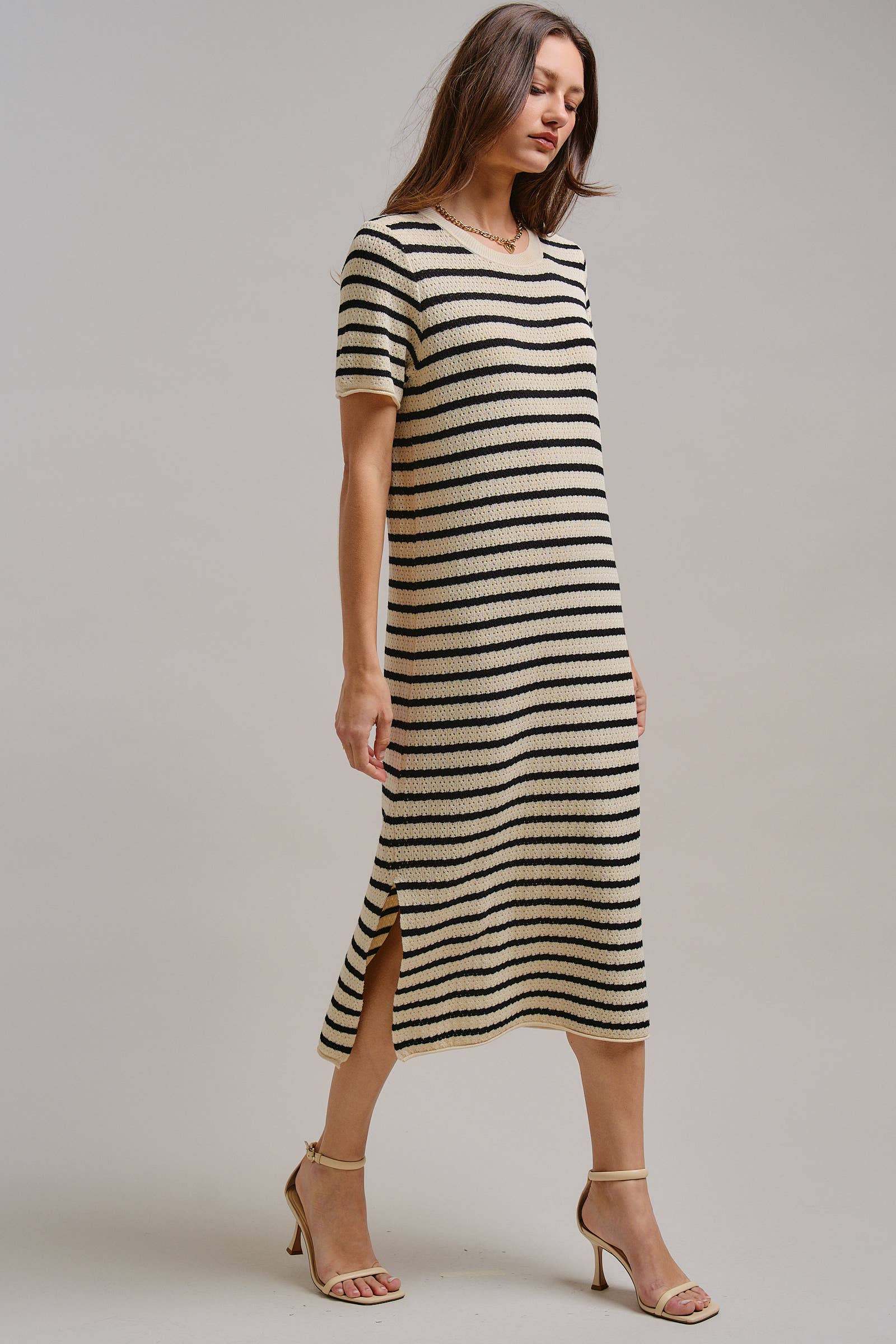 Striped Crochet Knit Short Sleeve Midi Dress