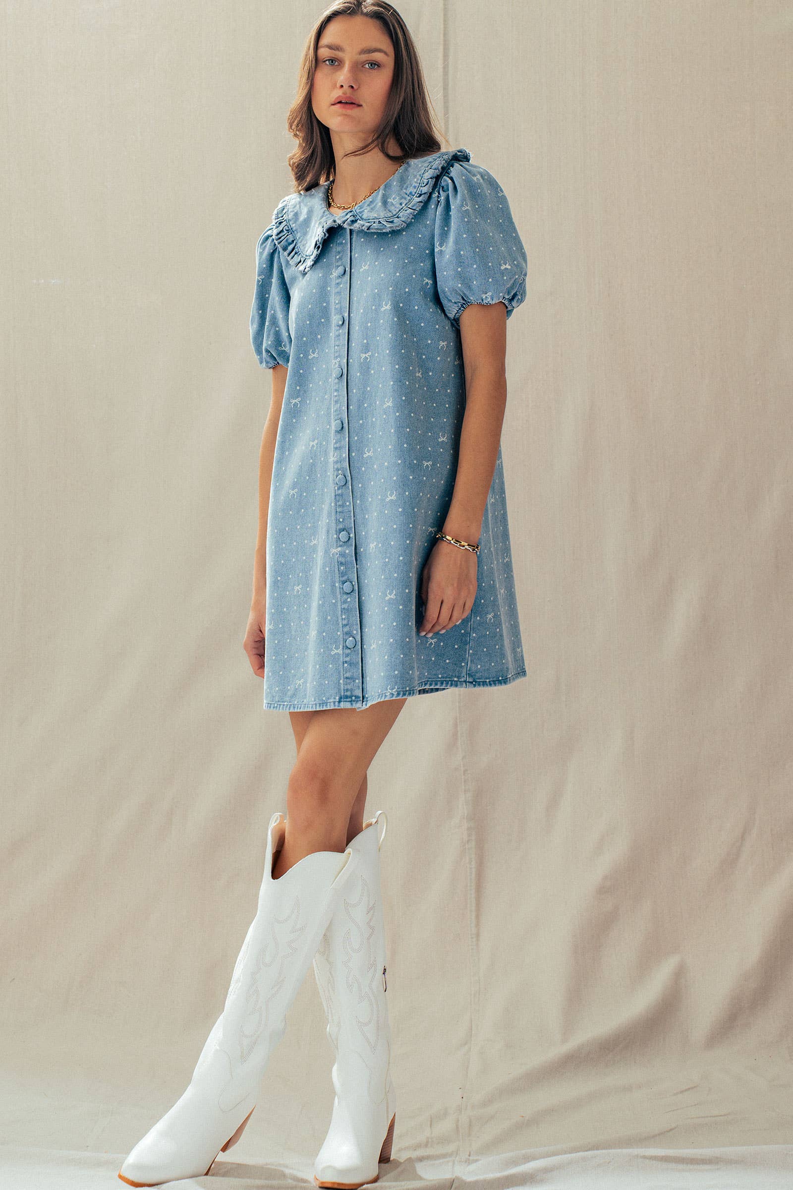 Bow Print Denim Mini Dress Ruffle Collar