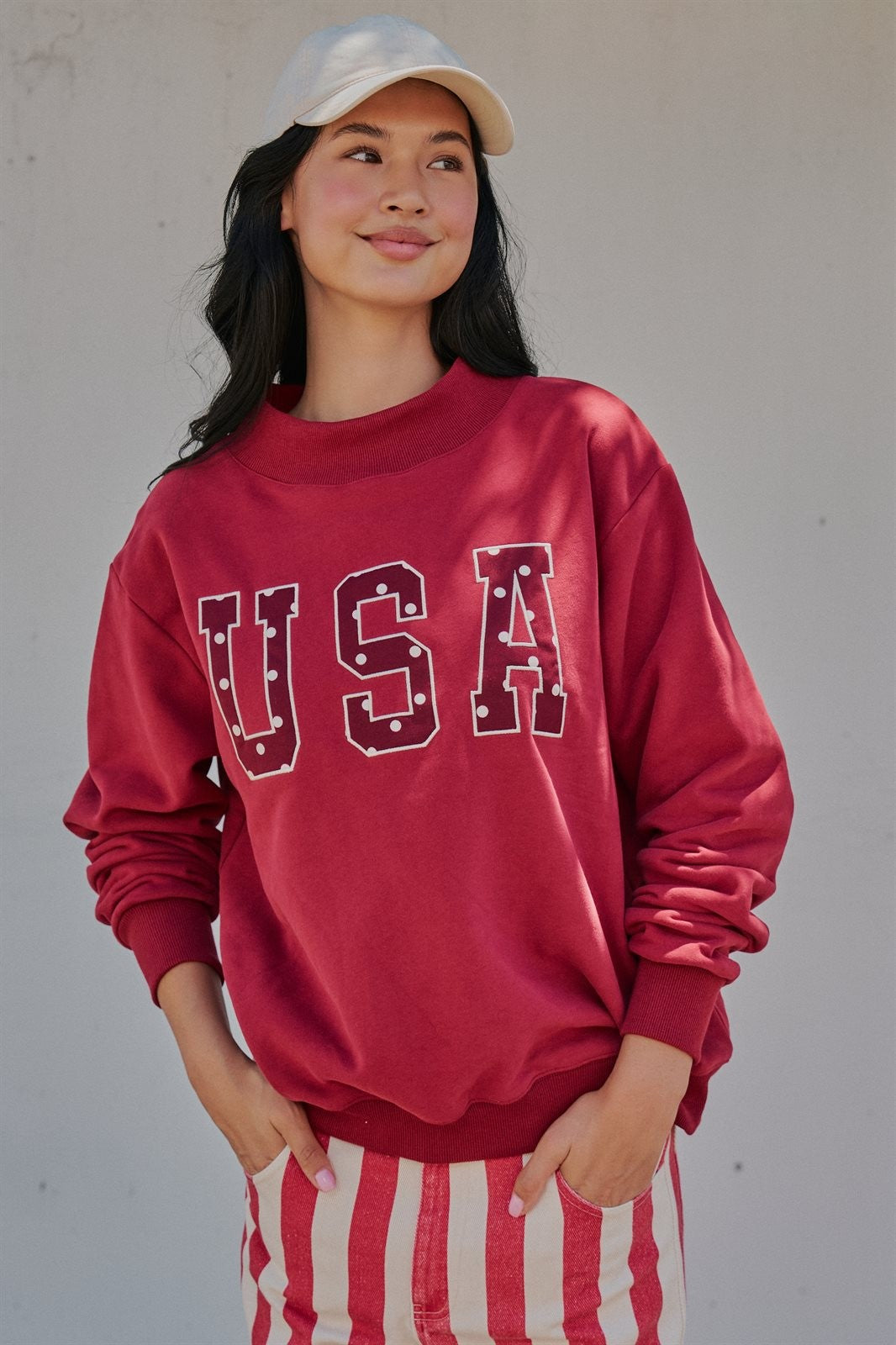 USA Polka Dot Varsity Letter Mock Neck Sweatshirt in BURGUNDY - Women's Sweatshirts & Hoodies | Urban Daizy