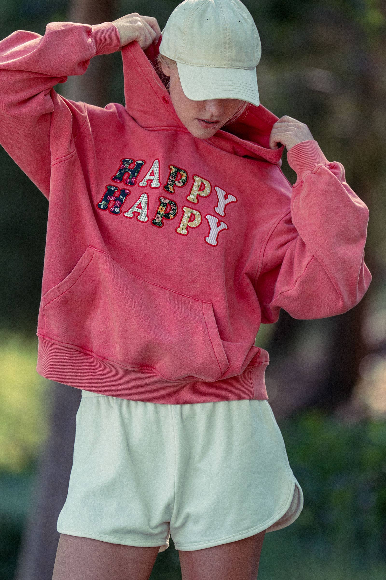 Urban Daizy "HAPPY HAPPY" Vintage Washed Hoodie Red Hoodie - Women's (UDZ-KN-00891) – alternate view 13