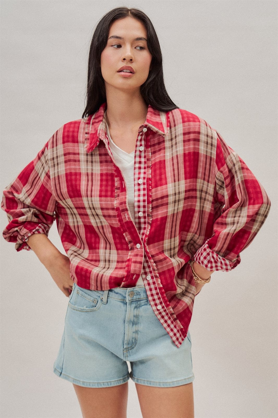 Oversized Plaid Cotton Button-Down Shirt in RED - Women's Shirts & Blouses | Urban Daizy