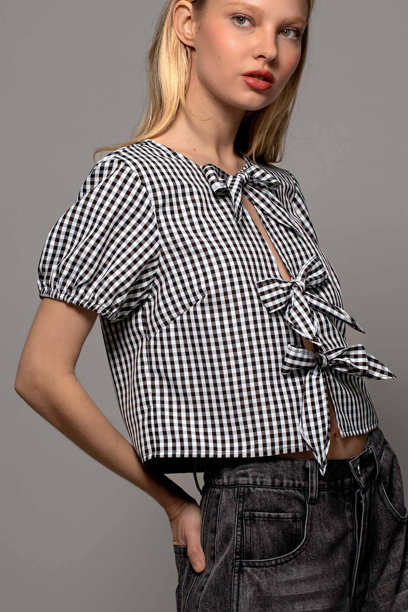 Urban Daizy Gingham Triple Bow Puff Sleeve Crop Top Pink Blouse - Women's (UDZ-TP-01033) – alternate view 19