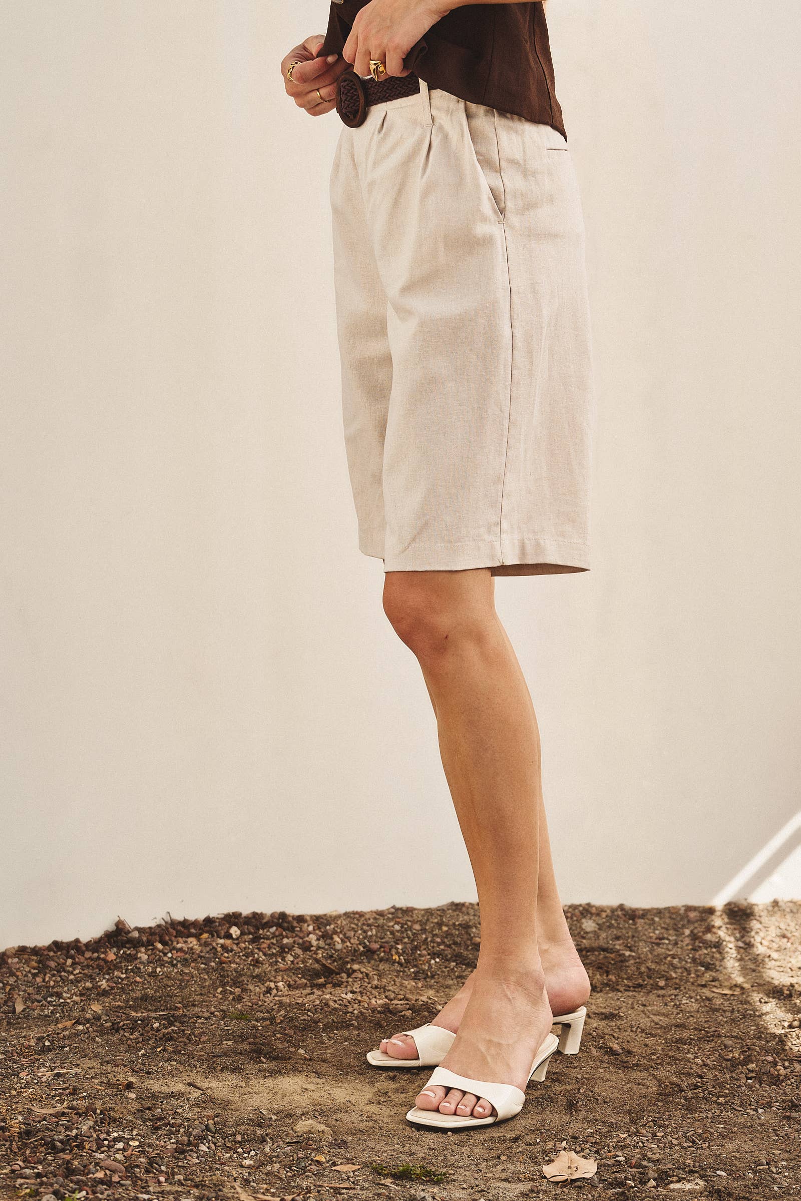 Linen Blend Belted Bermuda Shorts